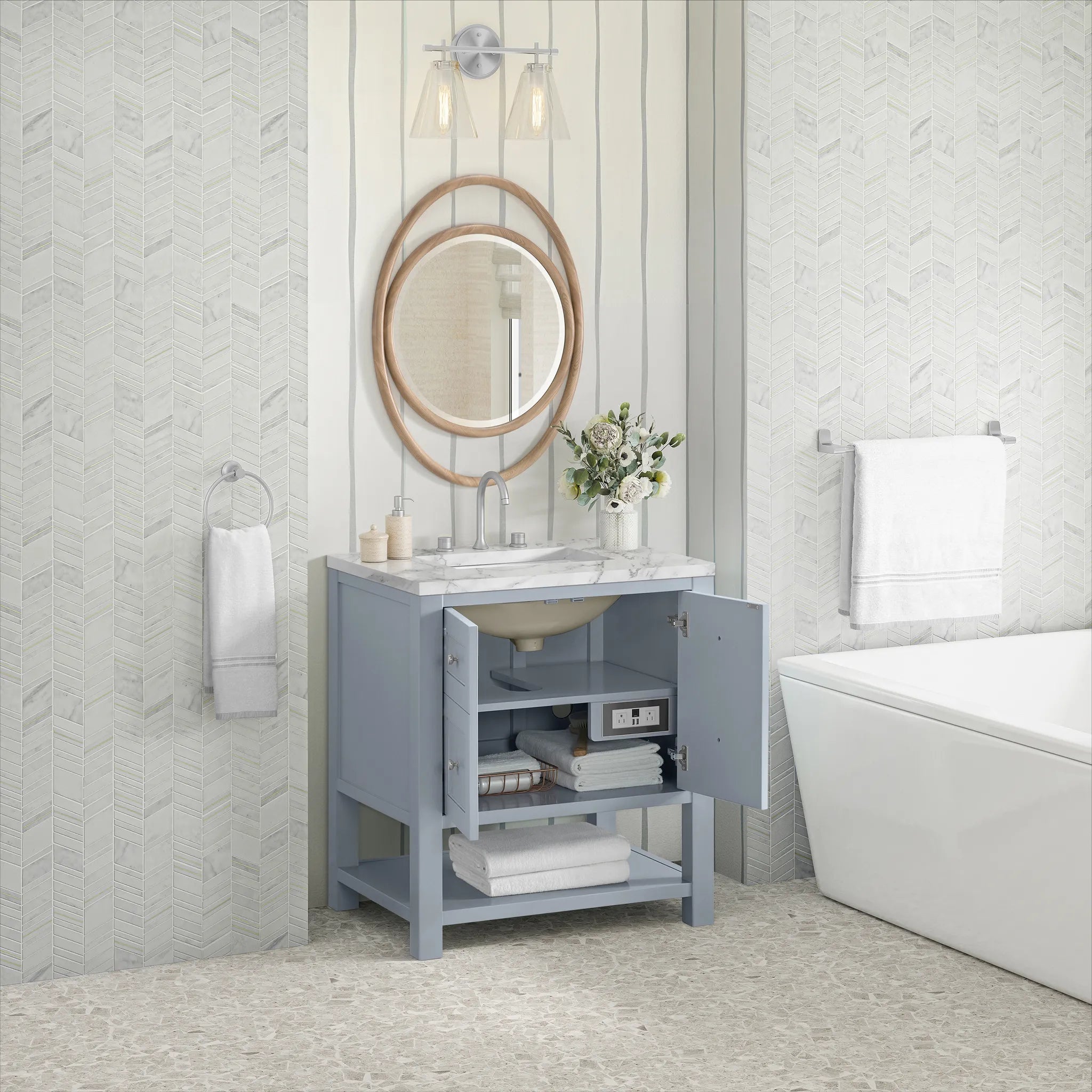 30" Breckenridge Single Vanity in Serenity Blue-Carrara White Marble-8" Widespread image 4