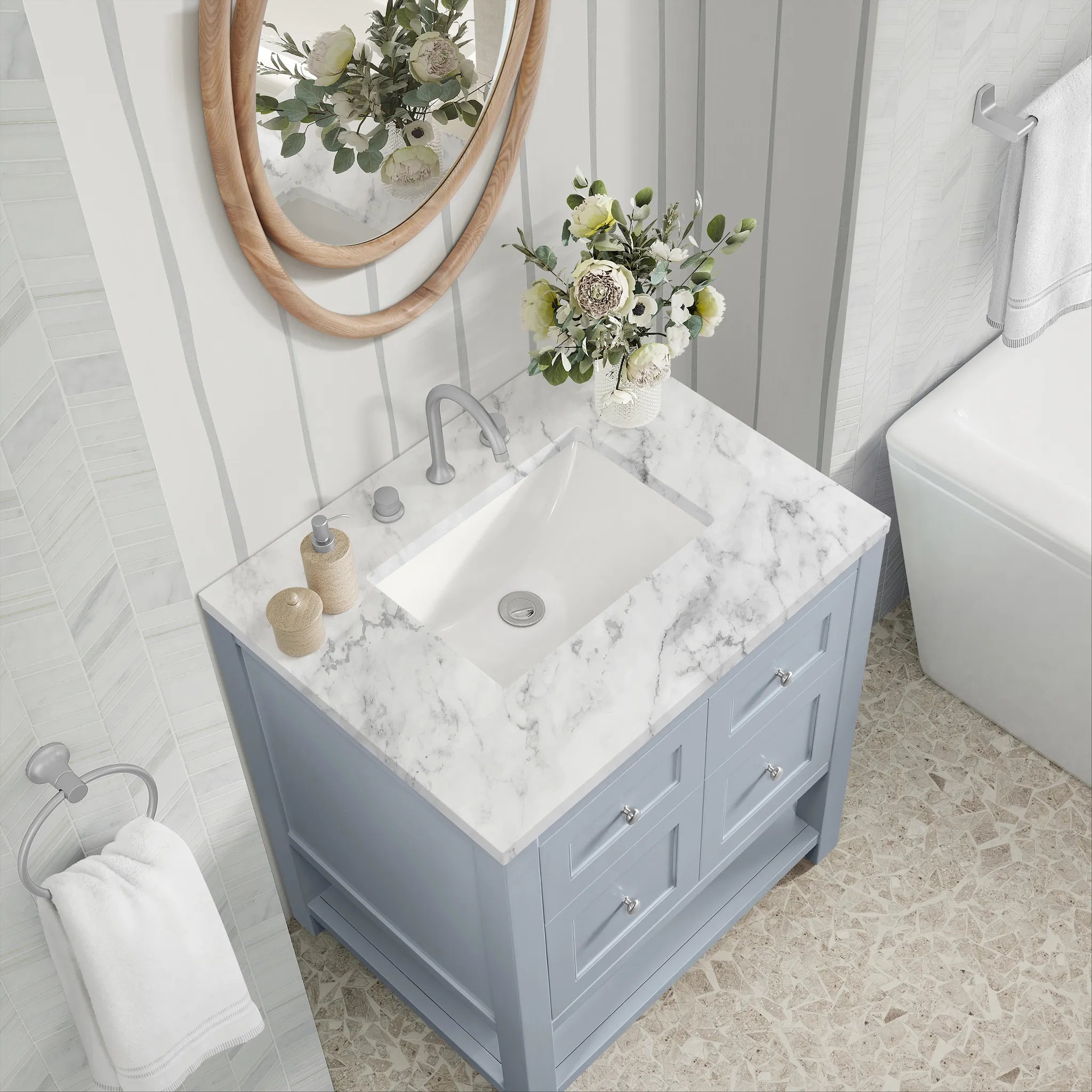 30" Breckenridge Single Vanity in Serenity Blue-Carrara White Marble-8" Widespread image 6
