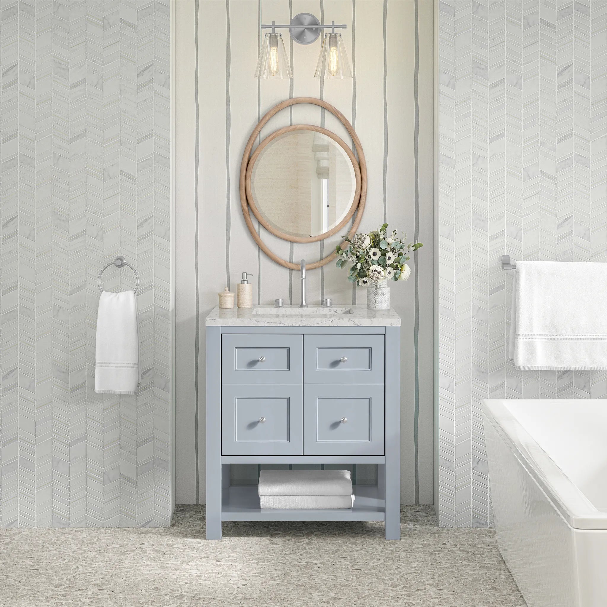 30" Breckenridge Single Vanity in Serenity Blue-Eternal Jasmine Pearl Silestone-8" Widespread image 2