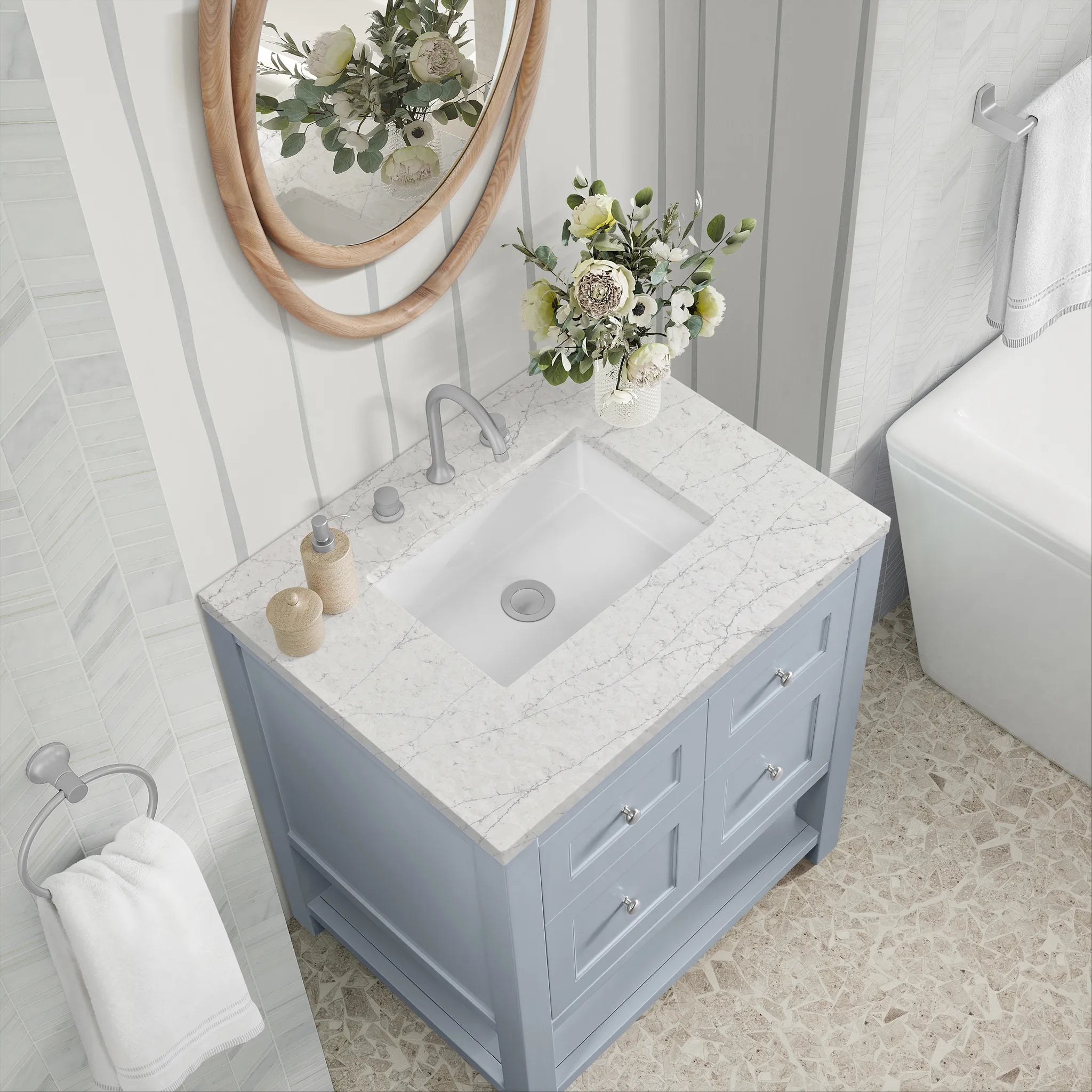 30" Breckenridge Single Vanity in Serenity Blue-Eternal Jasmine Pearl Silestone-8" Widespread image 6