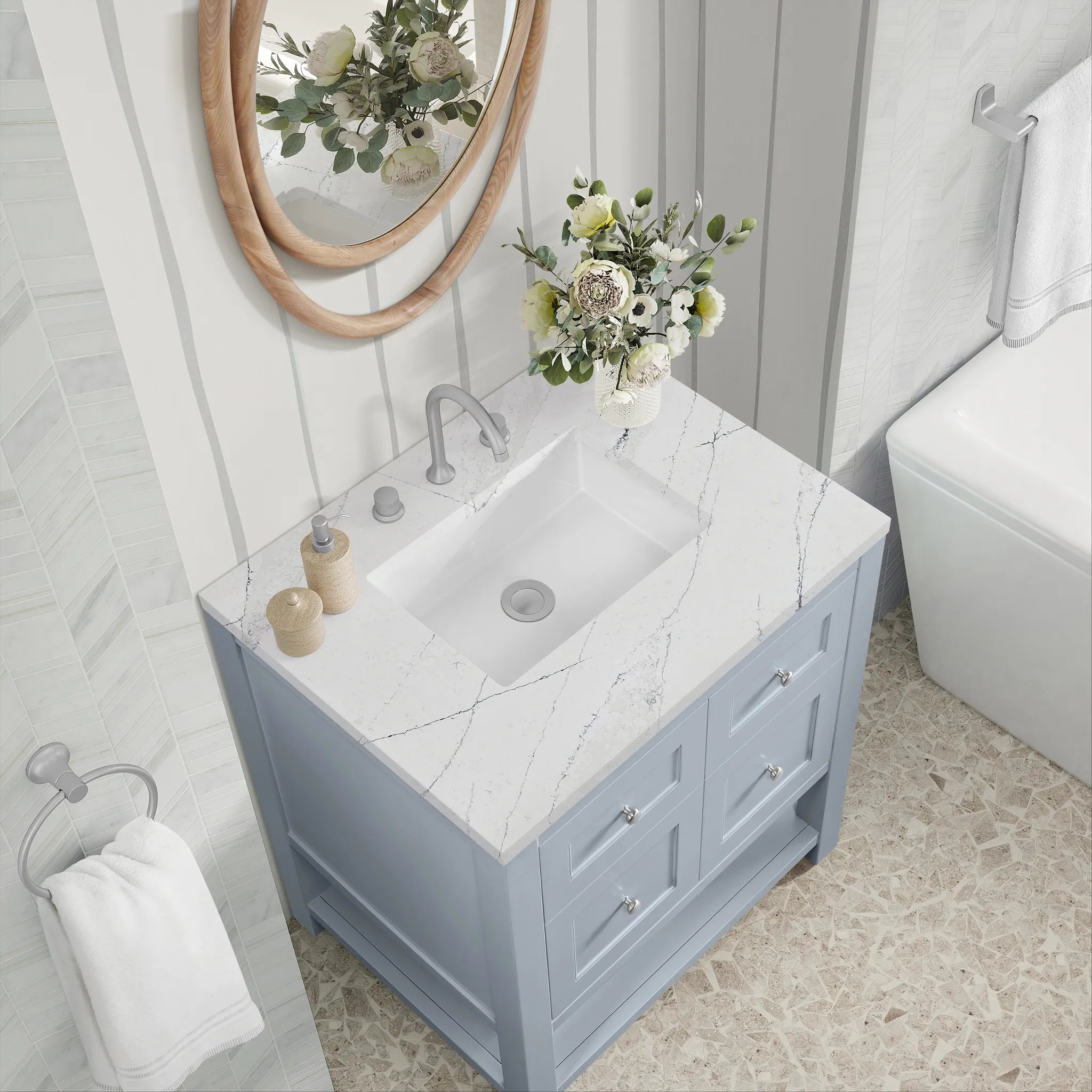 30" Breckenridge Single Vanity in Serenity Blue-Ethereal Noctis Silestone-8" Widespread image 6