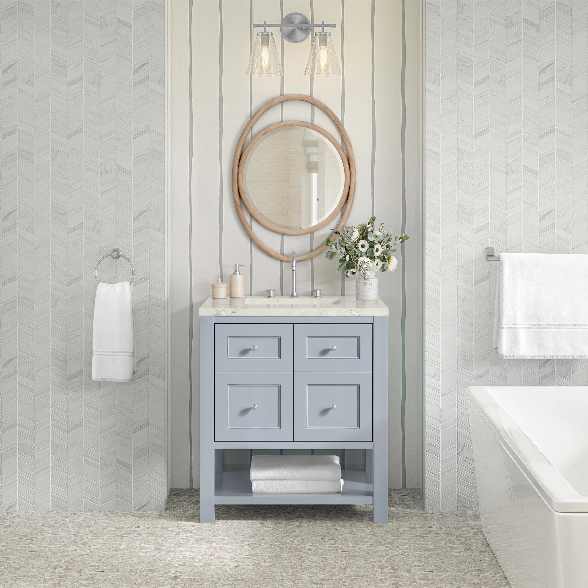 30" Breckenridge Single Vanity in Serenity Blue-Victorian Silver Silestone-8" Widespread image 2