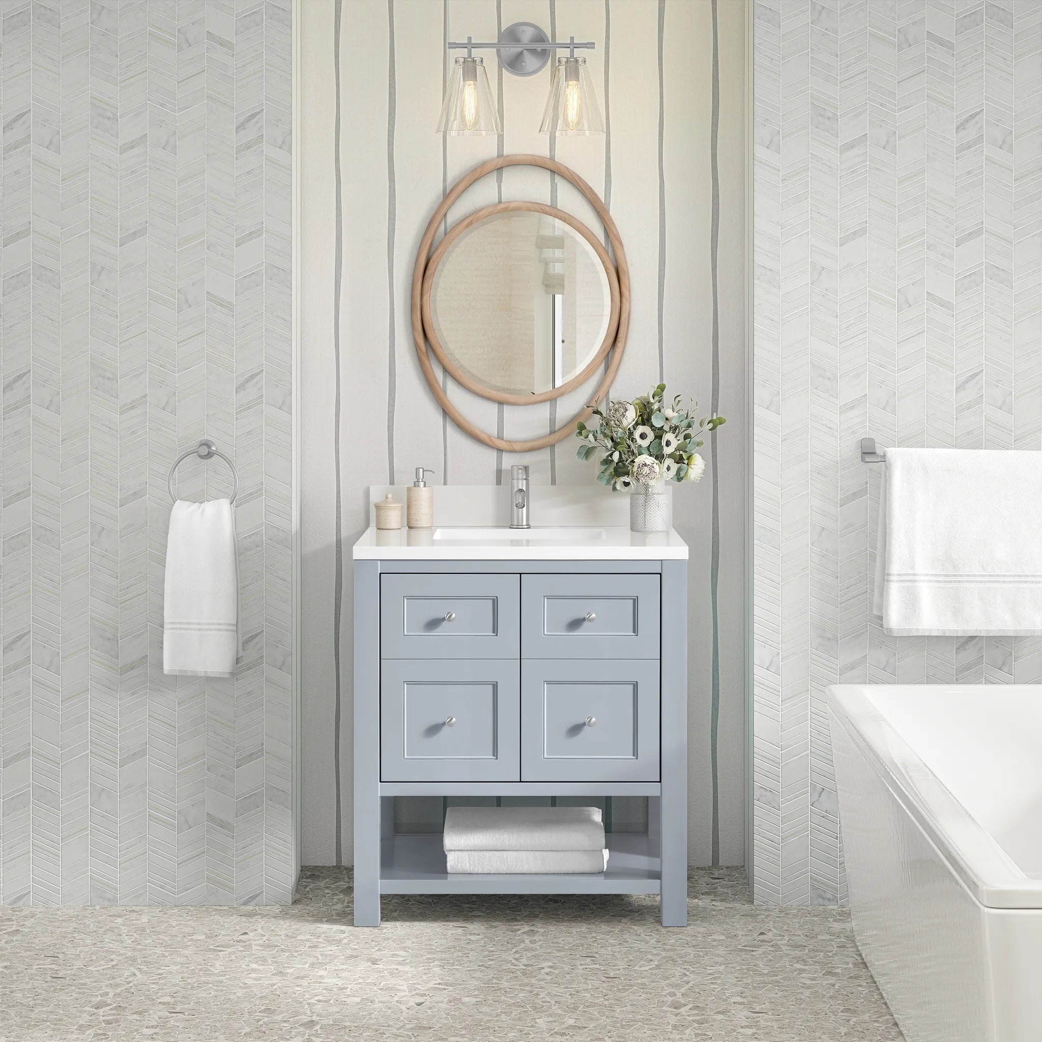 30" Breckenridge Single Vanity in Serenity Blue-White Zeus Silestone & Backsplash-Single Hole image 2