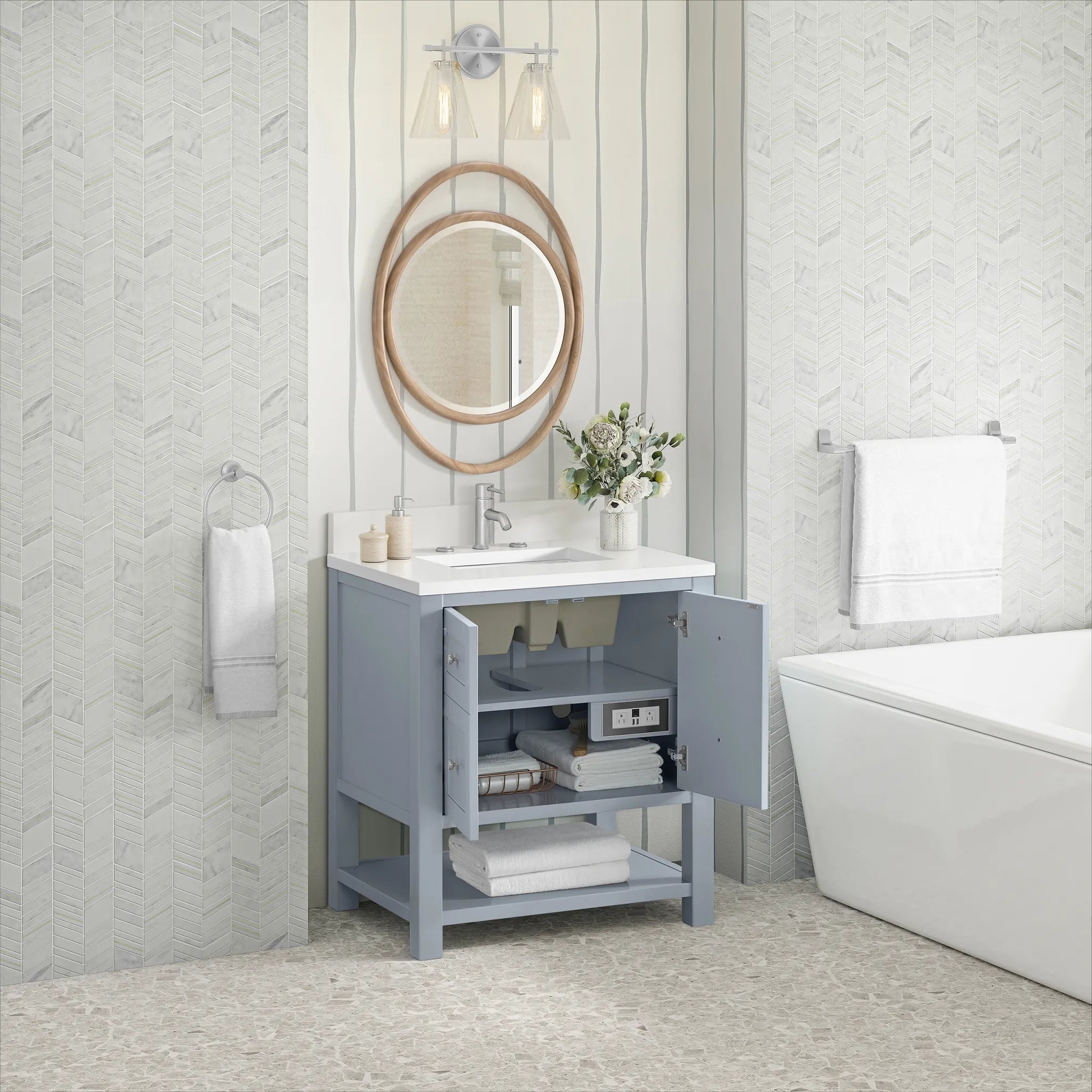 30" Breckenridge Single Vanity in Serenity Blue-White Zeus Silestone & Backsplash-Single Hole image 4