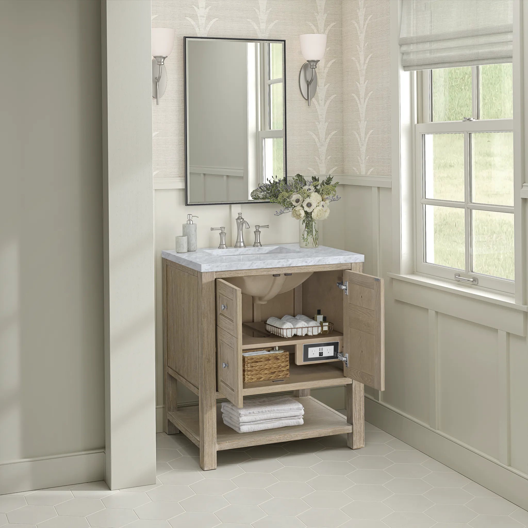 30" Breckenridge Single Vanity in Whitewashed Oak-Carrara White Marble-8" Widespread image 4