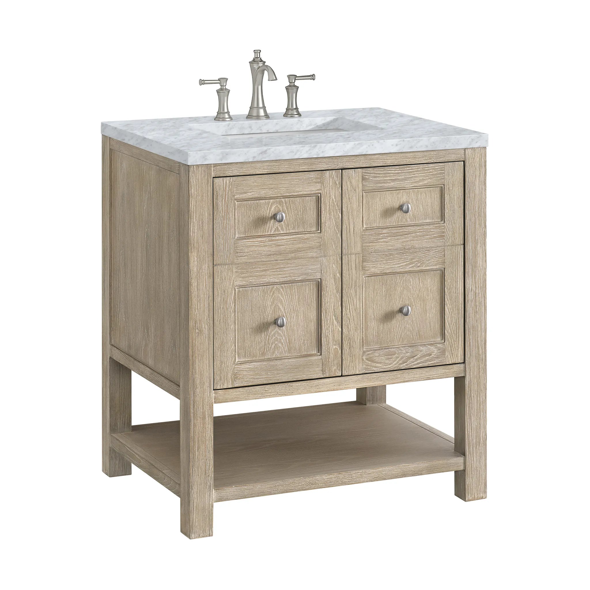 30" Breckenridge Single Vanity in Whitewashed Oak-Carrara White Marble-8" Widespread image 8
