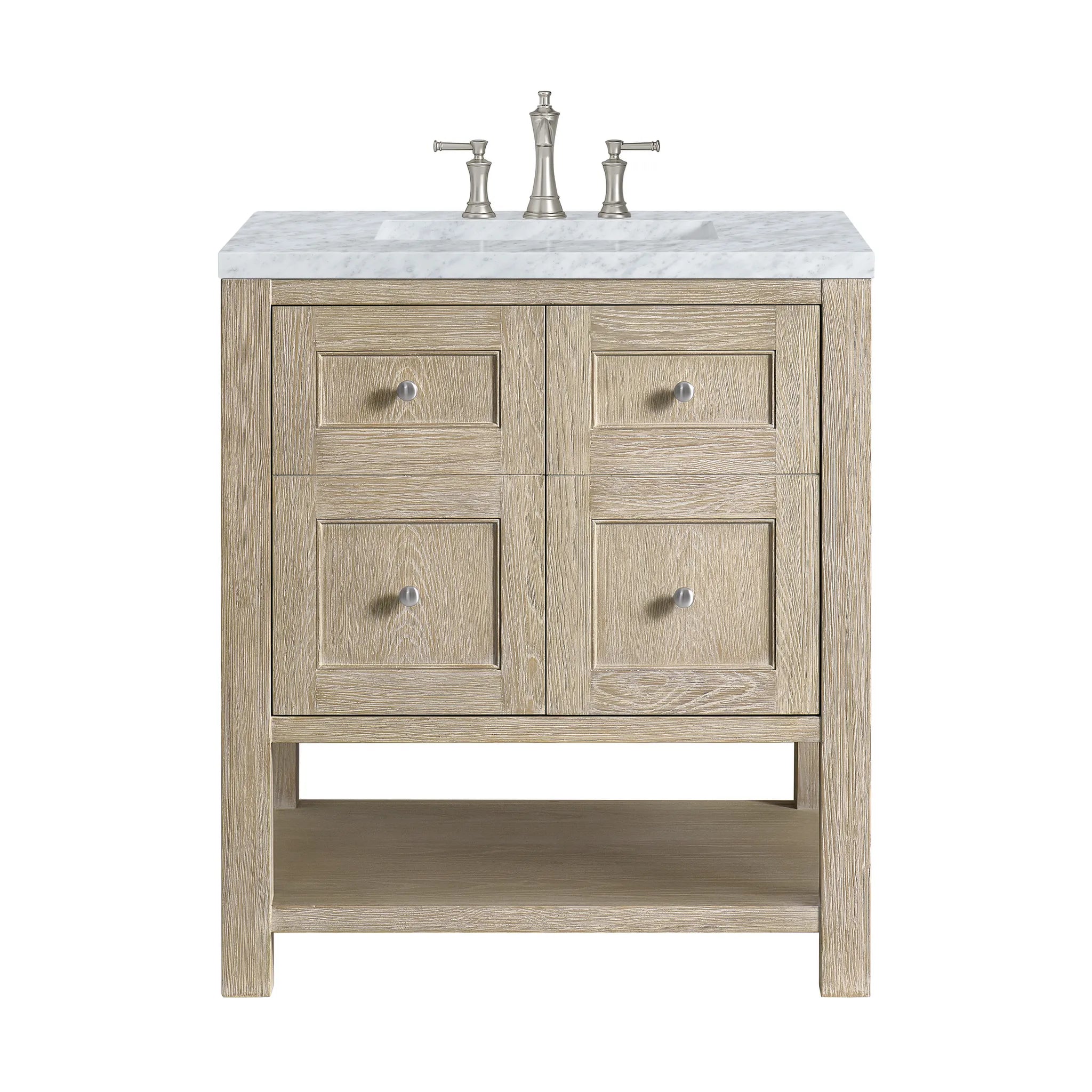 30" Breckenridge Single Vanity in Whitewashed Oak-Carrara White Marble-8" Widespread image