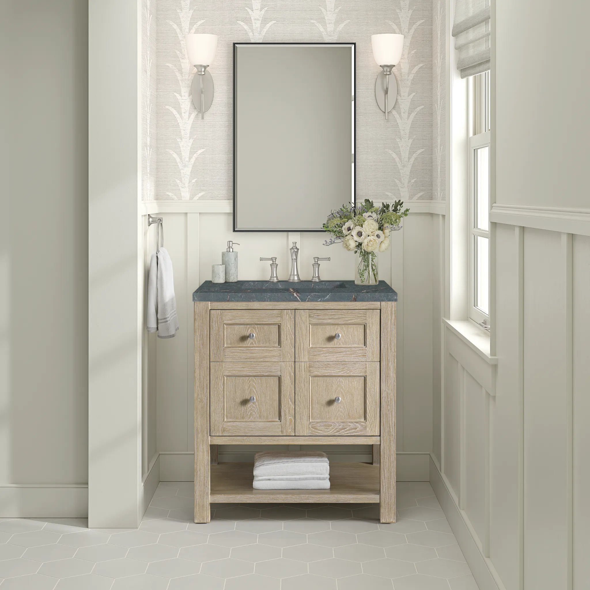 30" Breckenridge Single Vanity in Whitewashed Oak-Parisien Bleu Silestone-8" Widespread image 2