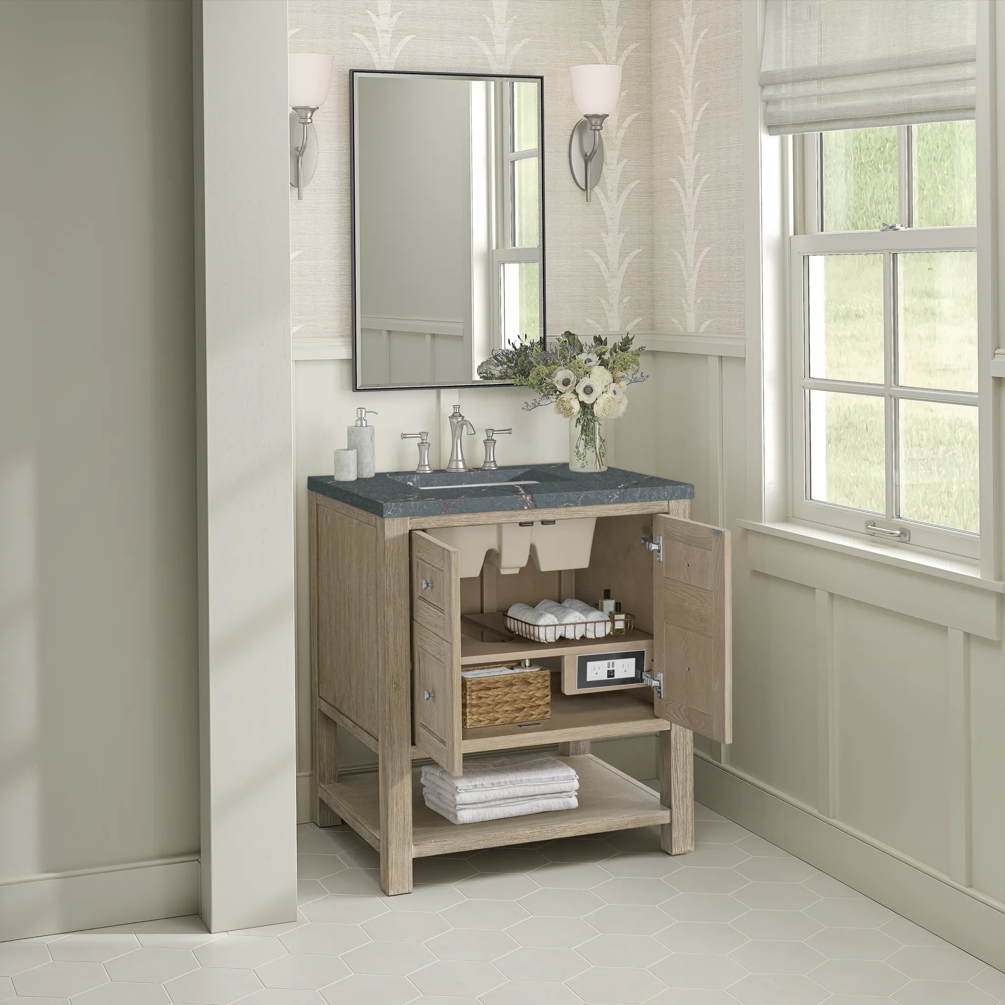 30" Breckenridge Single Vanity in Whitewashed Oak-Parisien Bleu Silestone-8" Widespread image 4