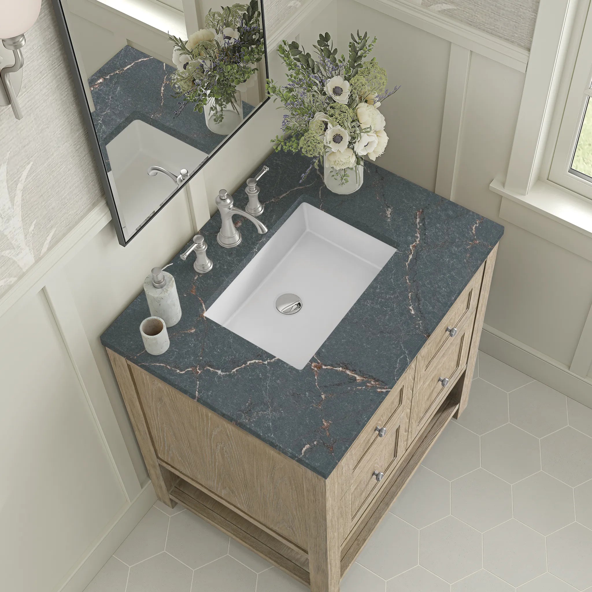 30" Breckenridge Single Vanity in Whitewashed Oak-Parisien Bleu Silestone-8" Widespread image 6
