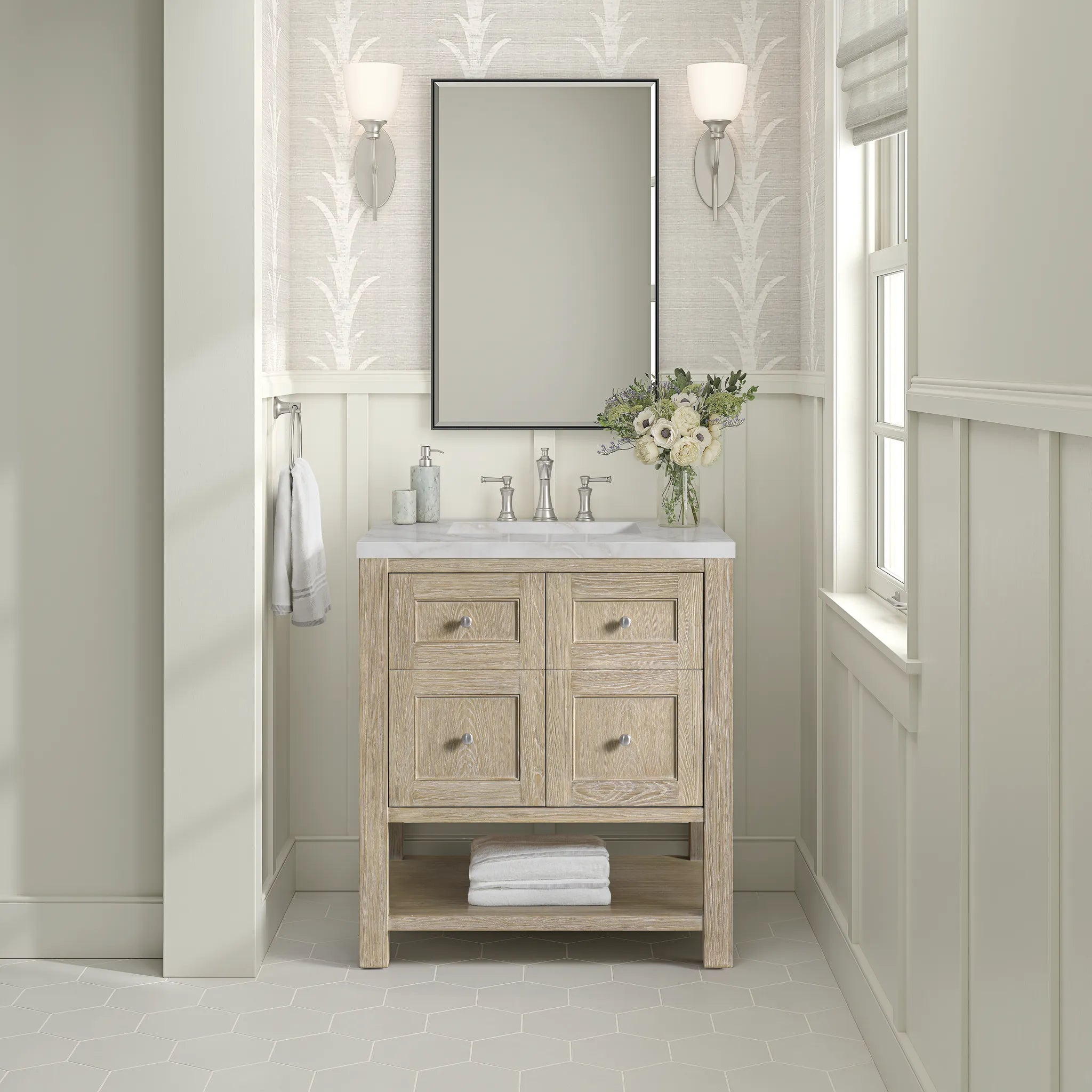 30" Breckenridge Single Vanity in Whitewashed Oak-Victorian Silver Silestone-8" Widespread image 2