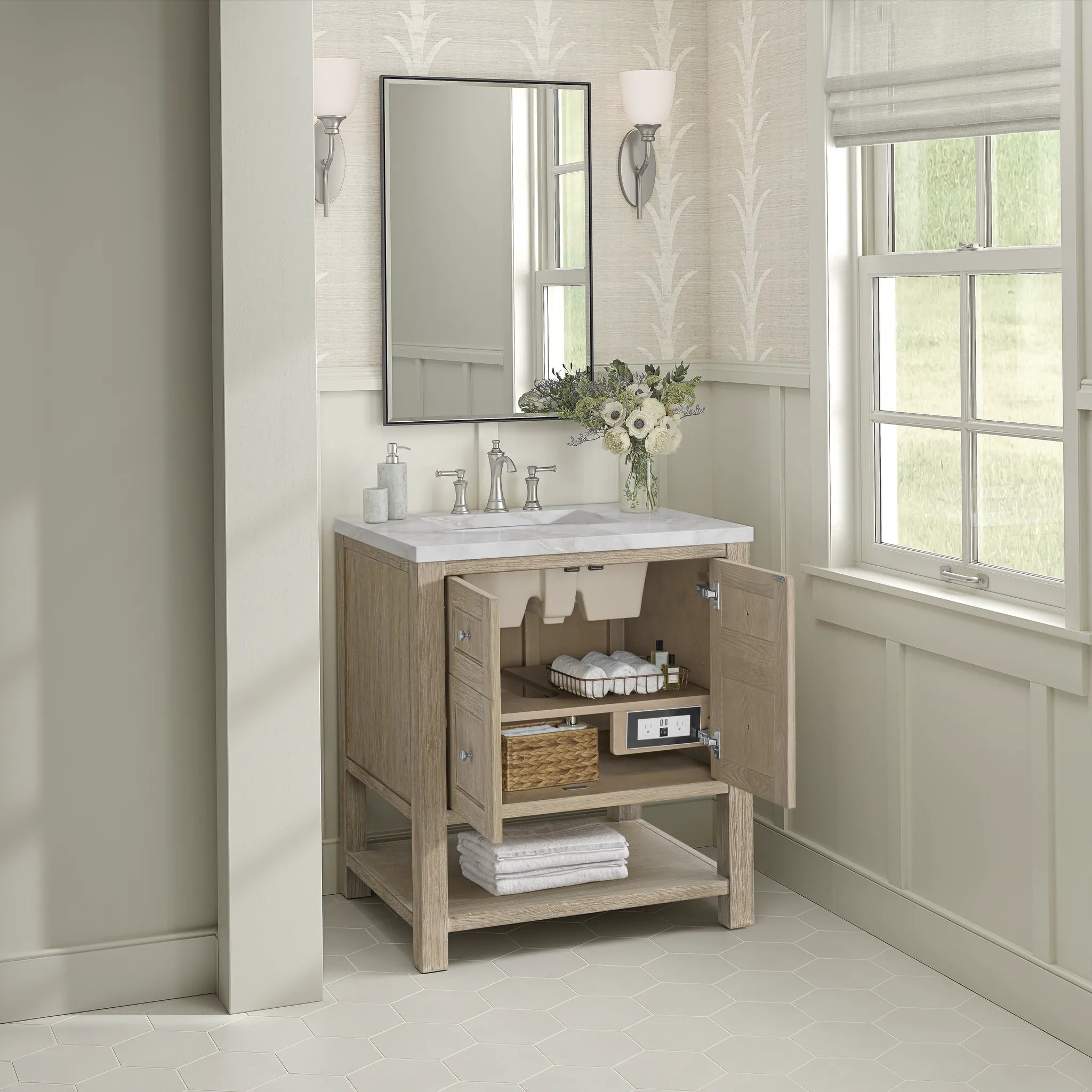 30" Breckenridge Single Vanity in Whitewashed Oak-Victorian Silver Silestone-8" Widespread image 4