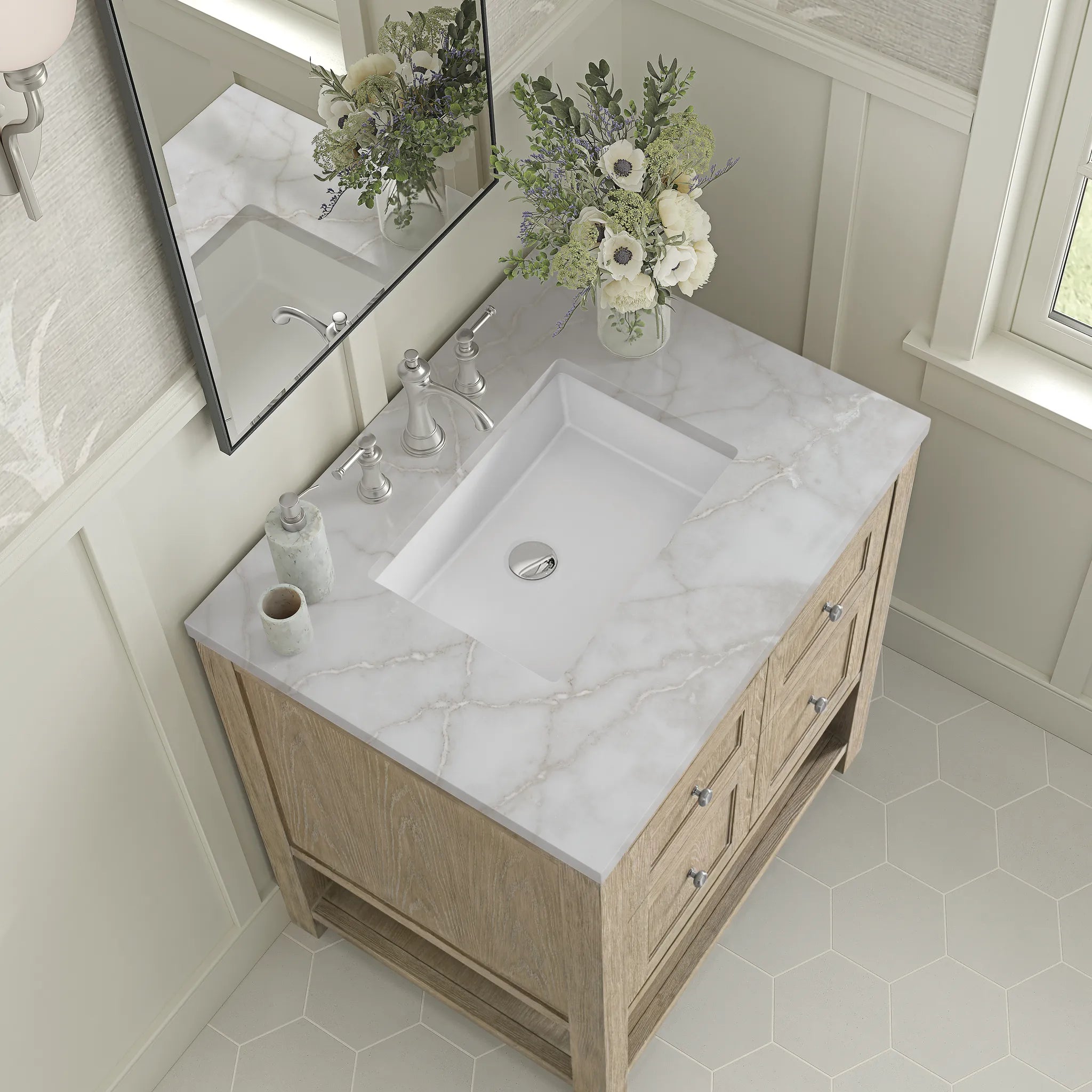30" Breckenridge Single Vanity in Whitewashed Oak-Victorian Silver Silestone-8" Widespread image 6