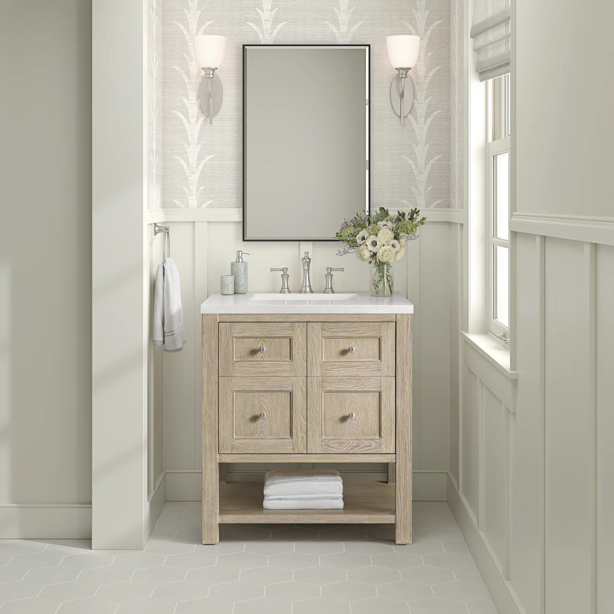 30" Breckenridge Single Vanity in Whitewashed Oak-White Zeus Silestone-8" Widespread image 2
