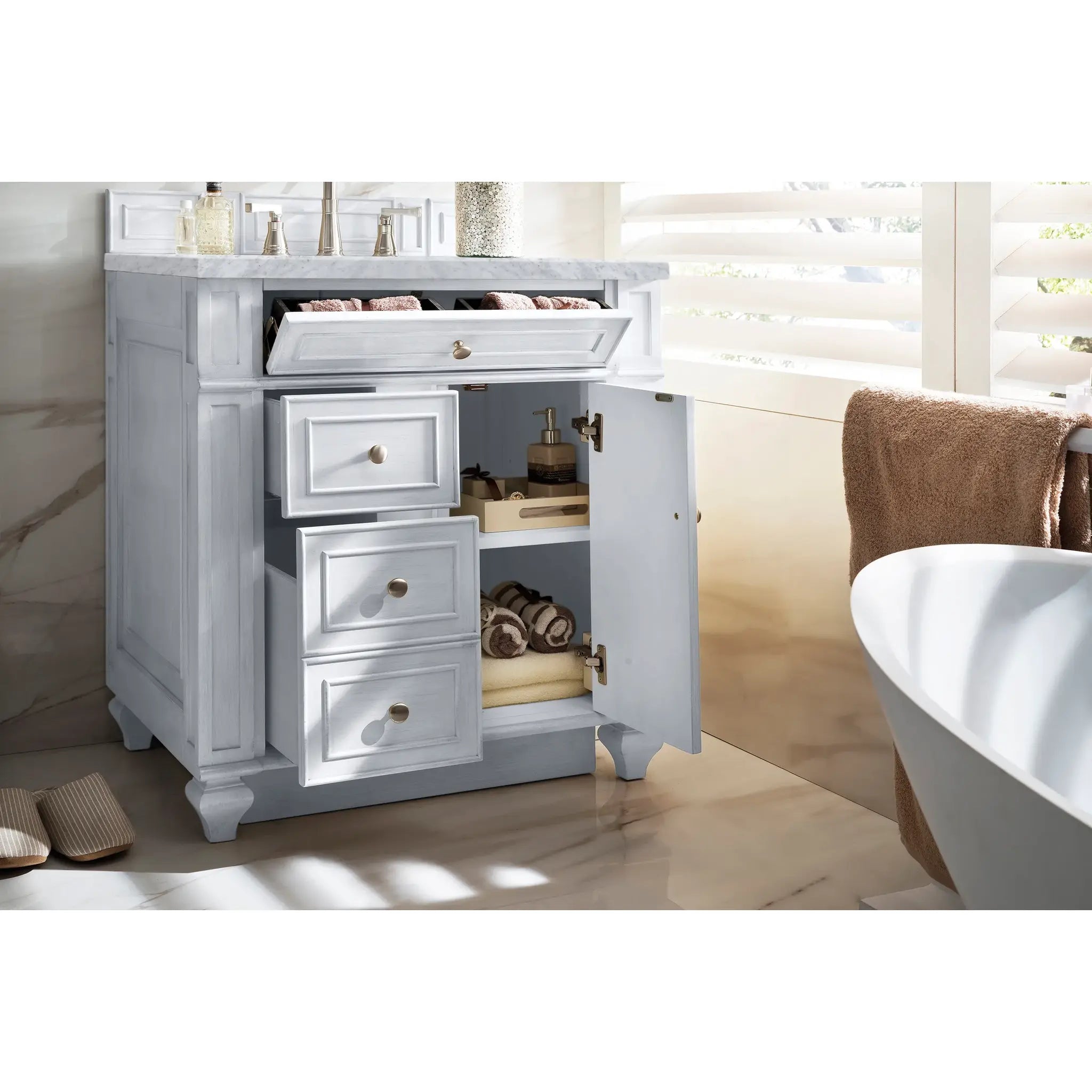 30" Bristol Single Vanity in Bright White-Carrara White Marble-8" Widespread image 3