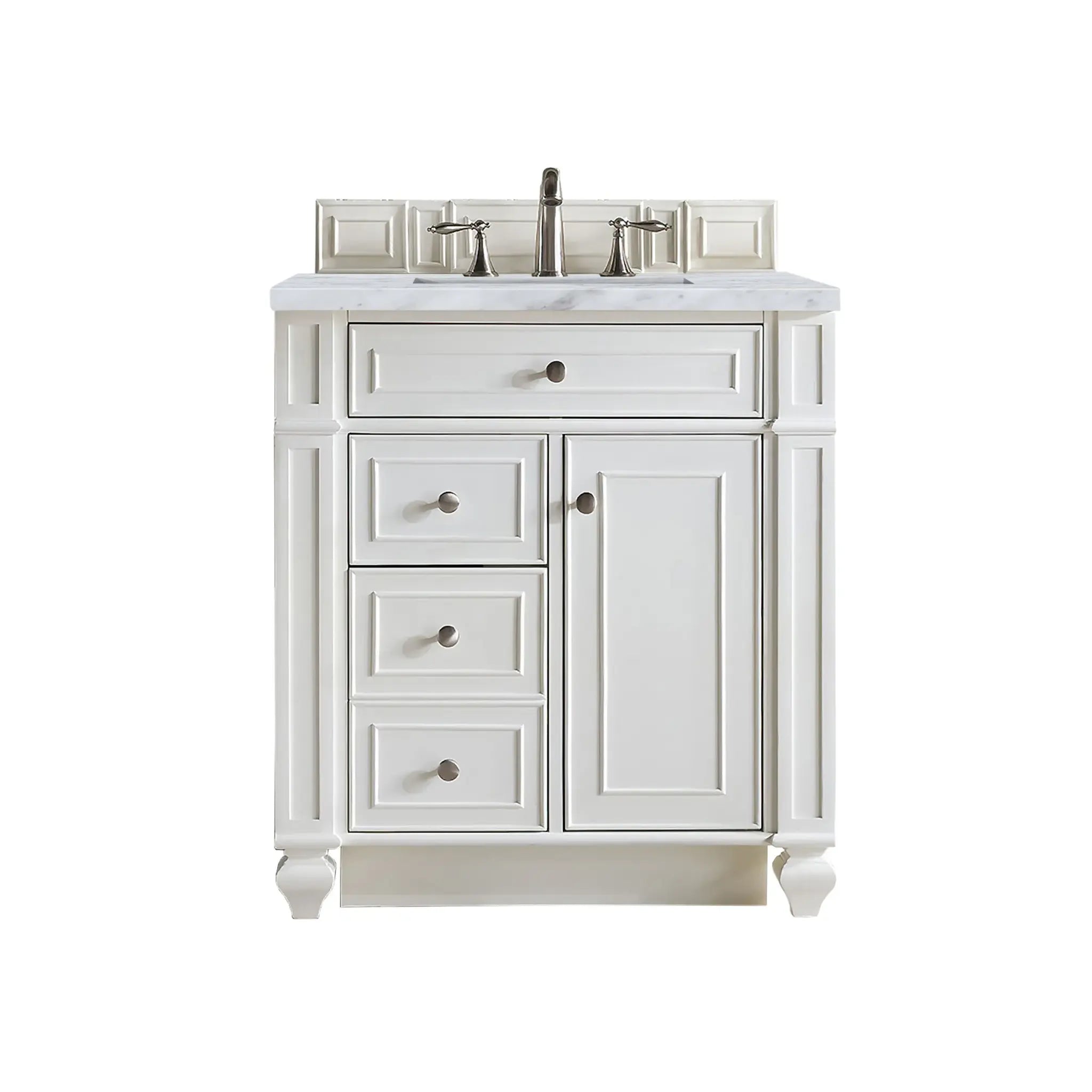 30" Bristol Single Vanity in Bright White-Carrara White Marble-8" Widespread image