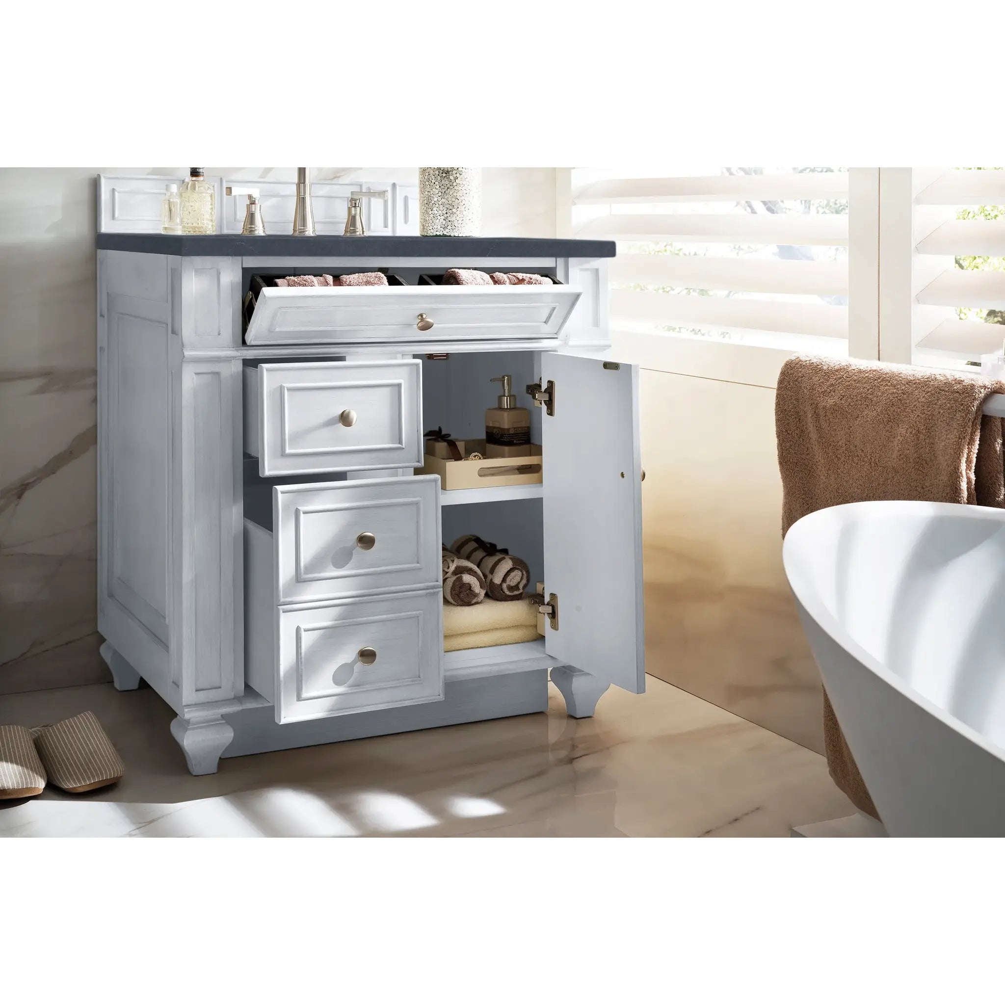 30" Bristol Single Vanity in Bright White-Charcoal Soapstone Silestone-8" Widespread image 3