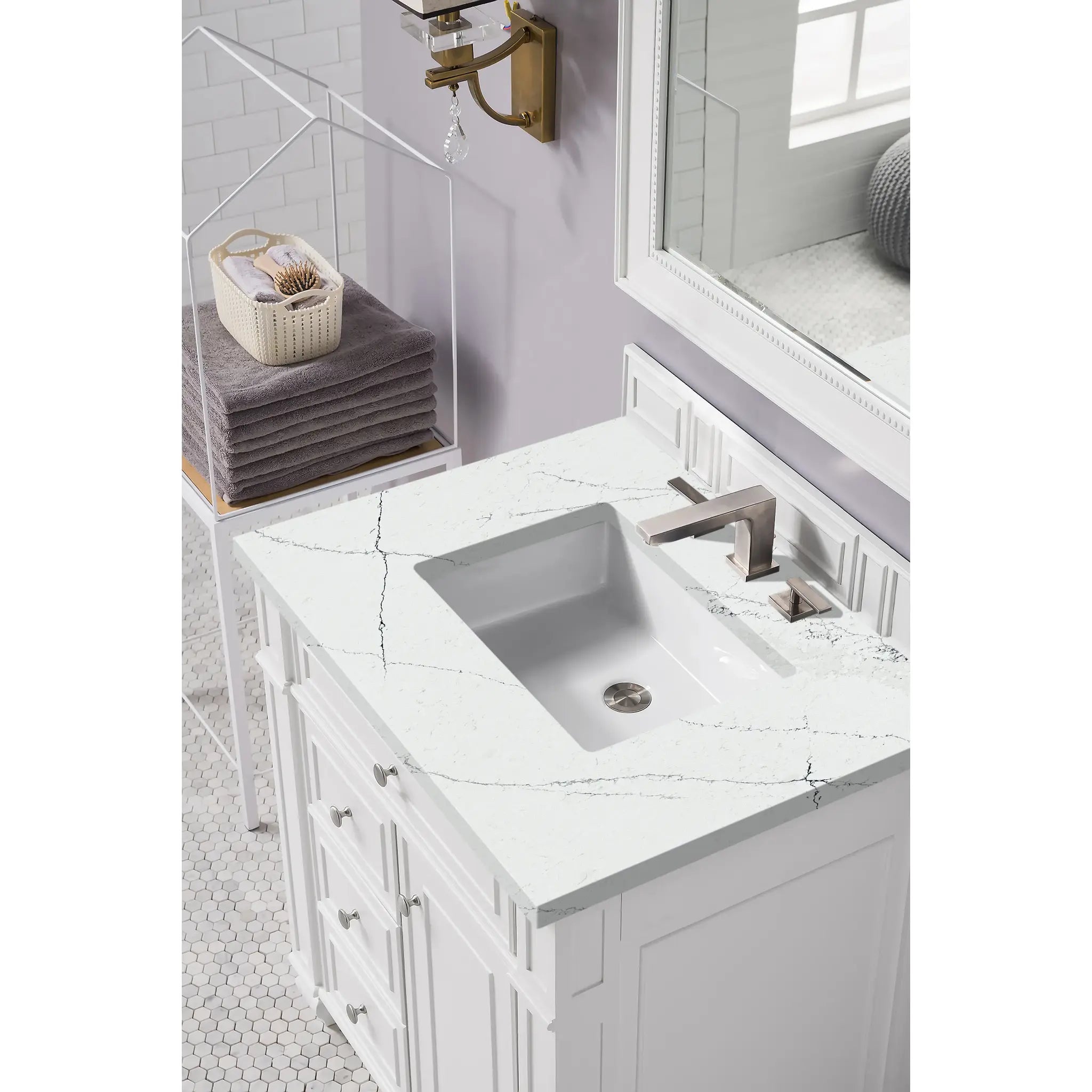30" Bristol Single Vanity in Bright White-Ethereal Noctis Silestone-8" Widespread image 2