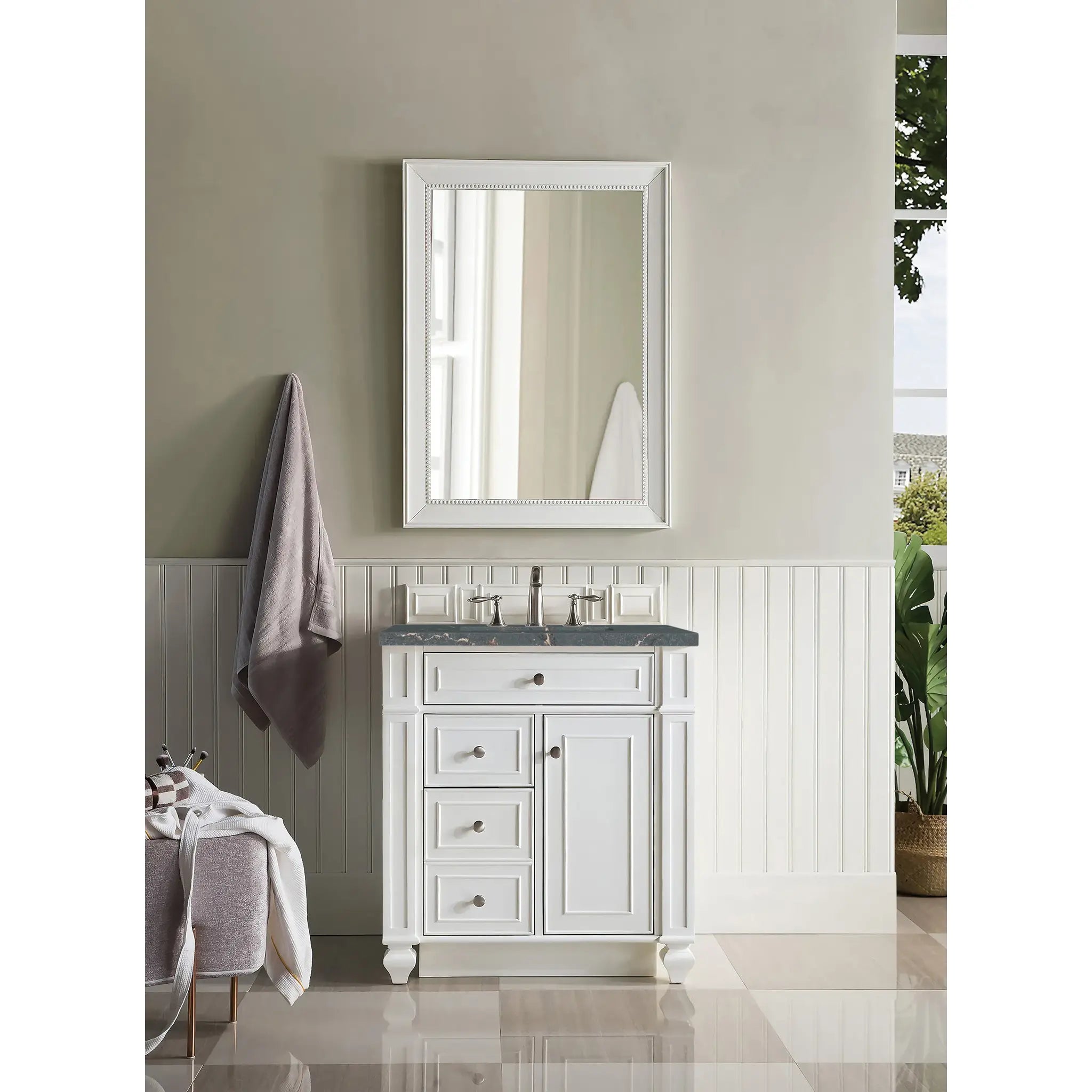 30" Bristol Single Vanity in Bright White-Parisien Bleu Silestone-8" Widespread image 1