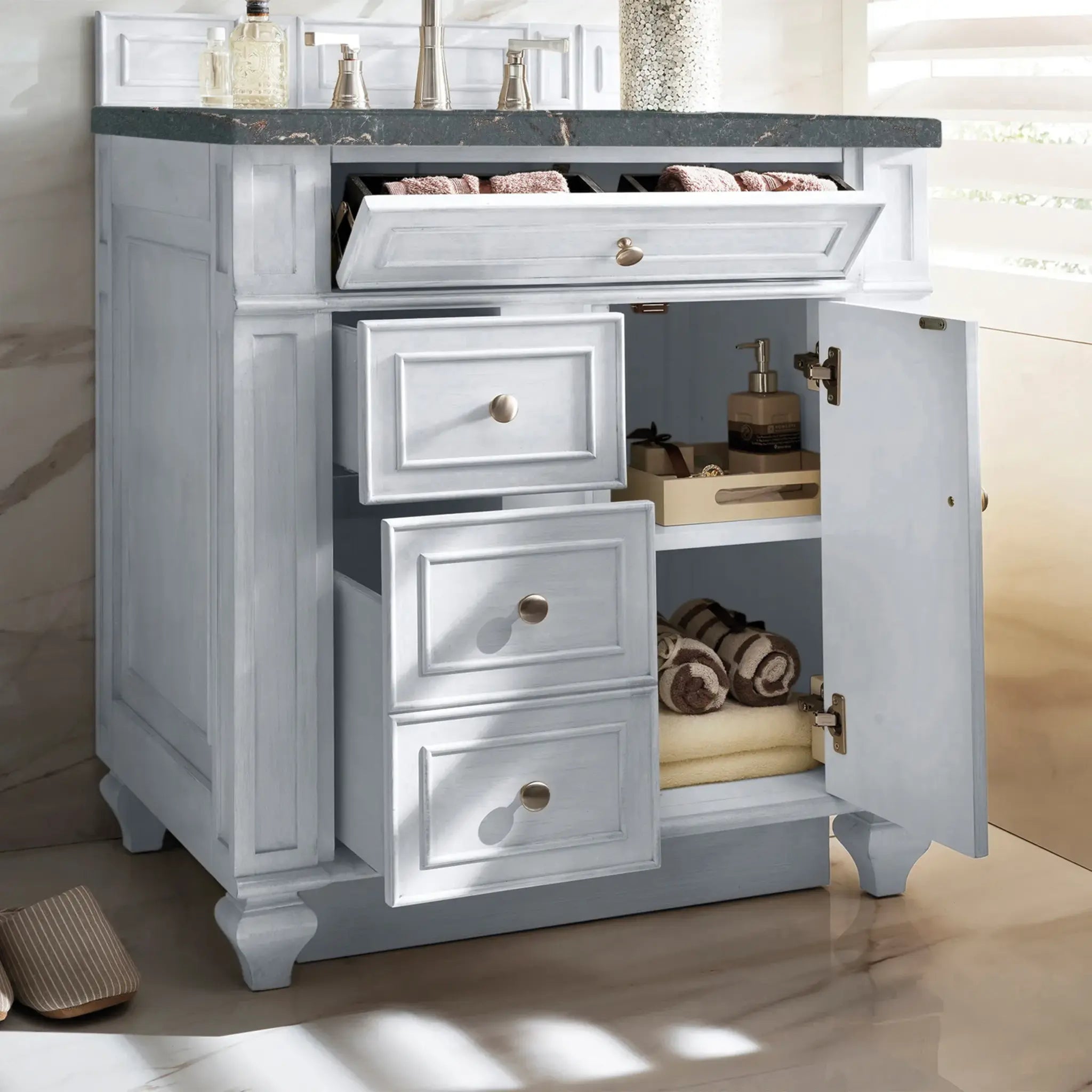 30" Bristol Single Vanity in Bright White-Parisien Bleu Silestone-8" Widespread image 3