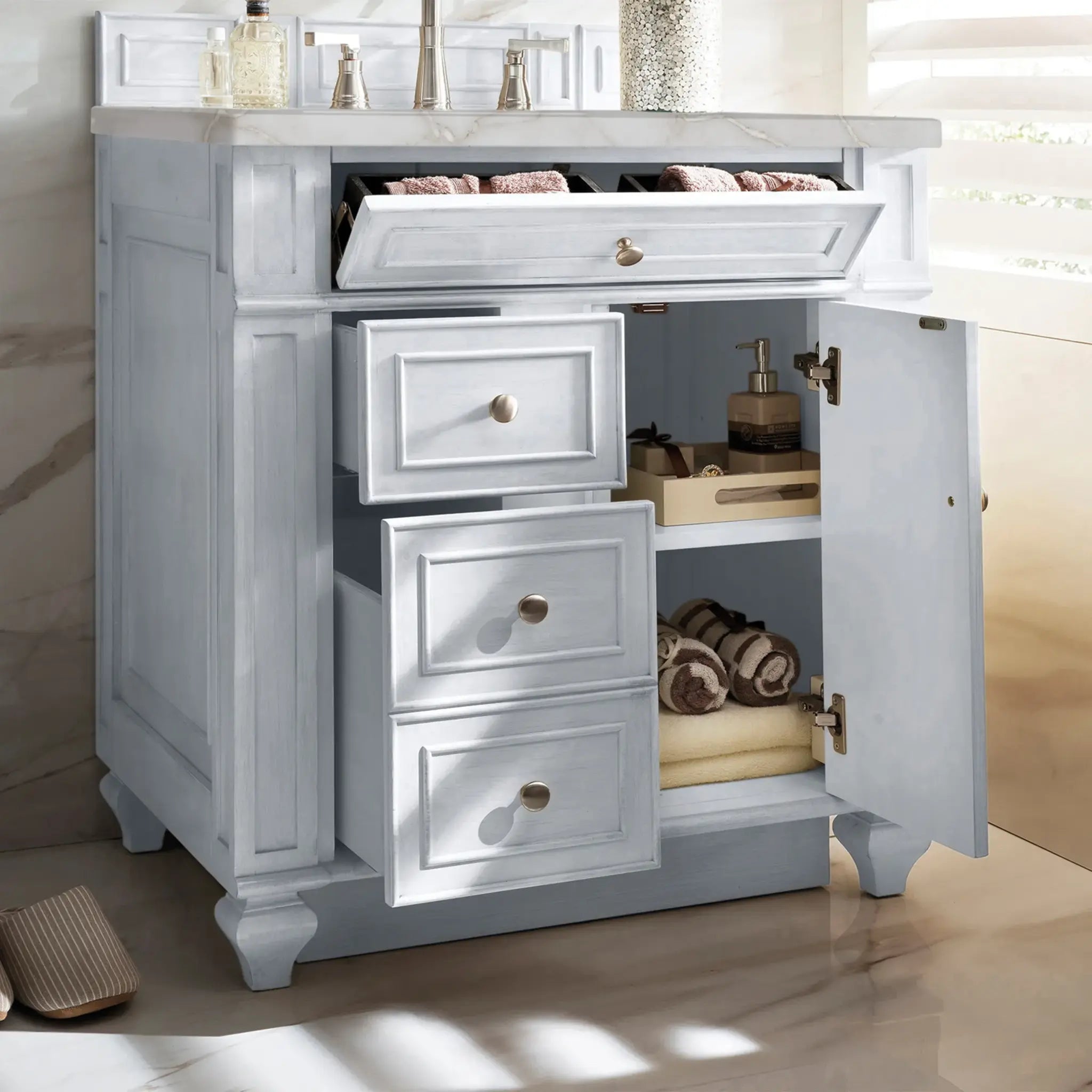 30" Bristol Single Vanity in Bright White-Victorian Silver Silestone-8" Widespread image 3