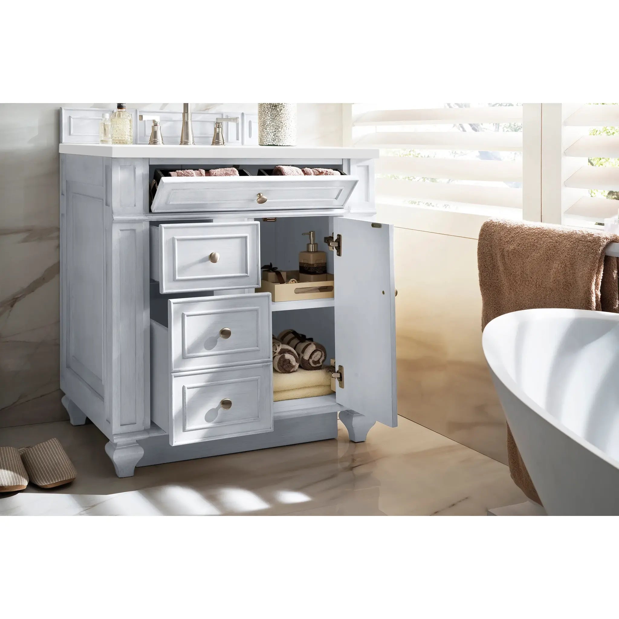 30" Bristol Single Vanity in Bright White-White Zeus Silestone-8" Widespread image 3