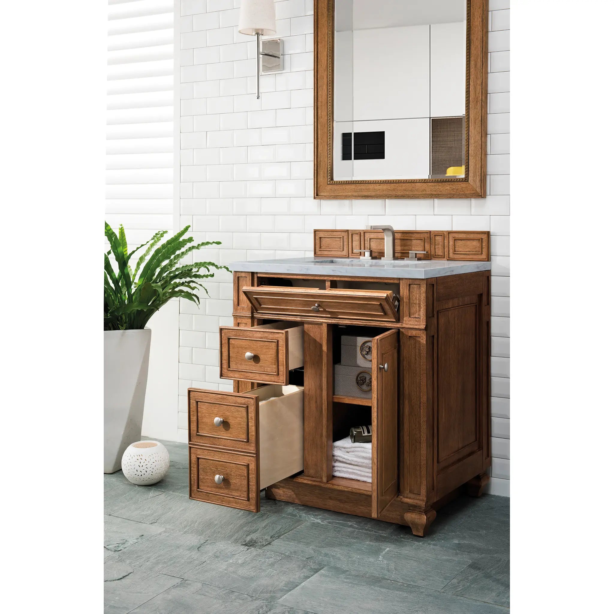 30" Bristol Single Vanity in Saddle Brown-Carrara White Marble-8" Widespread image 3