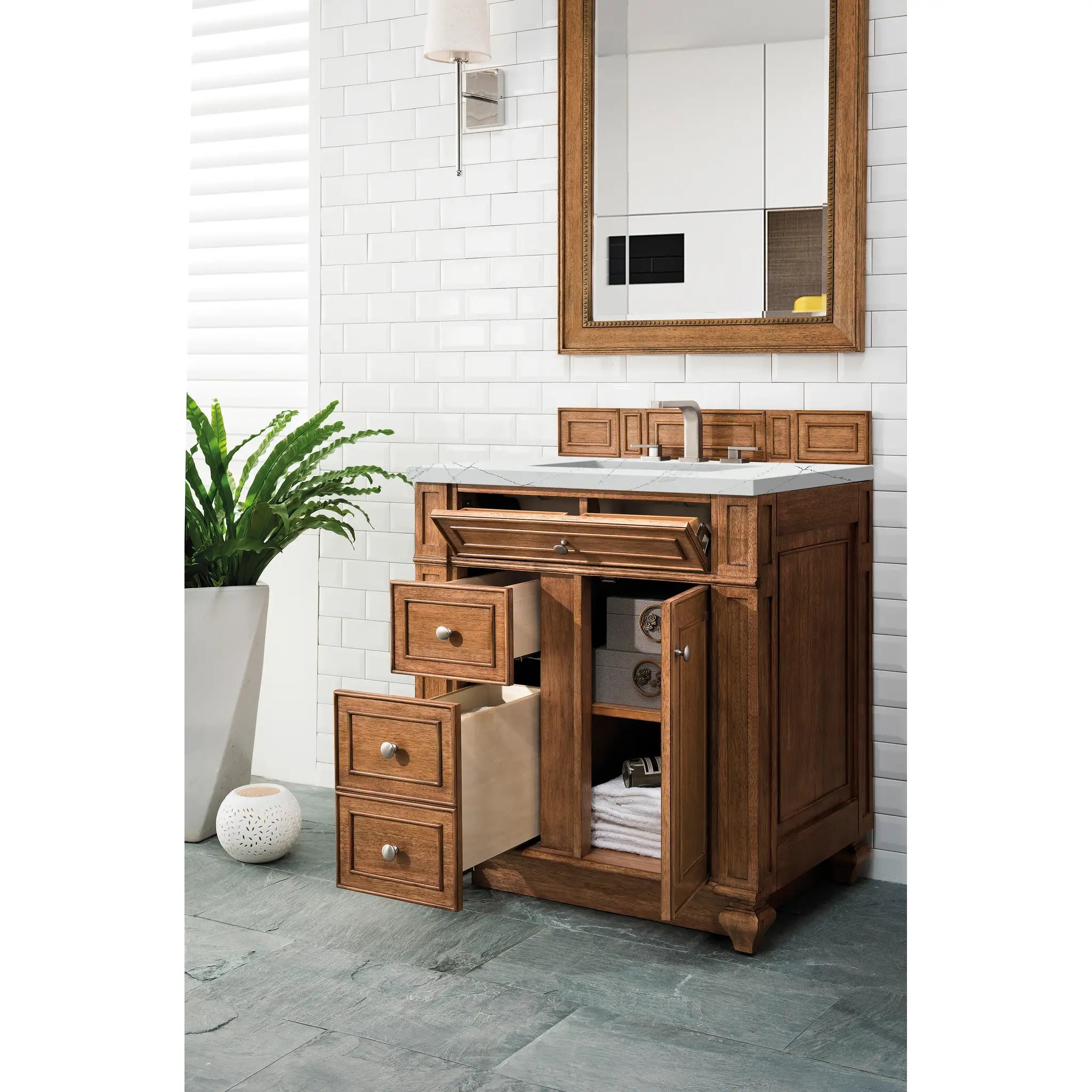 30" Bristol Single Vanity in Saddle Brown-Ethereal Noctis Silestone-8" Widespread image 3