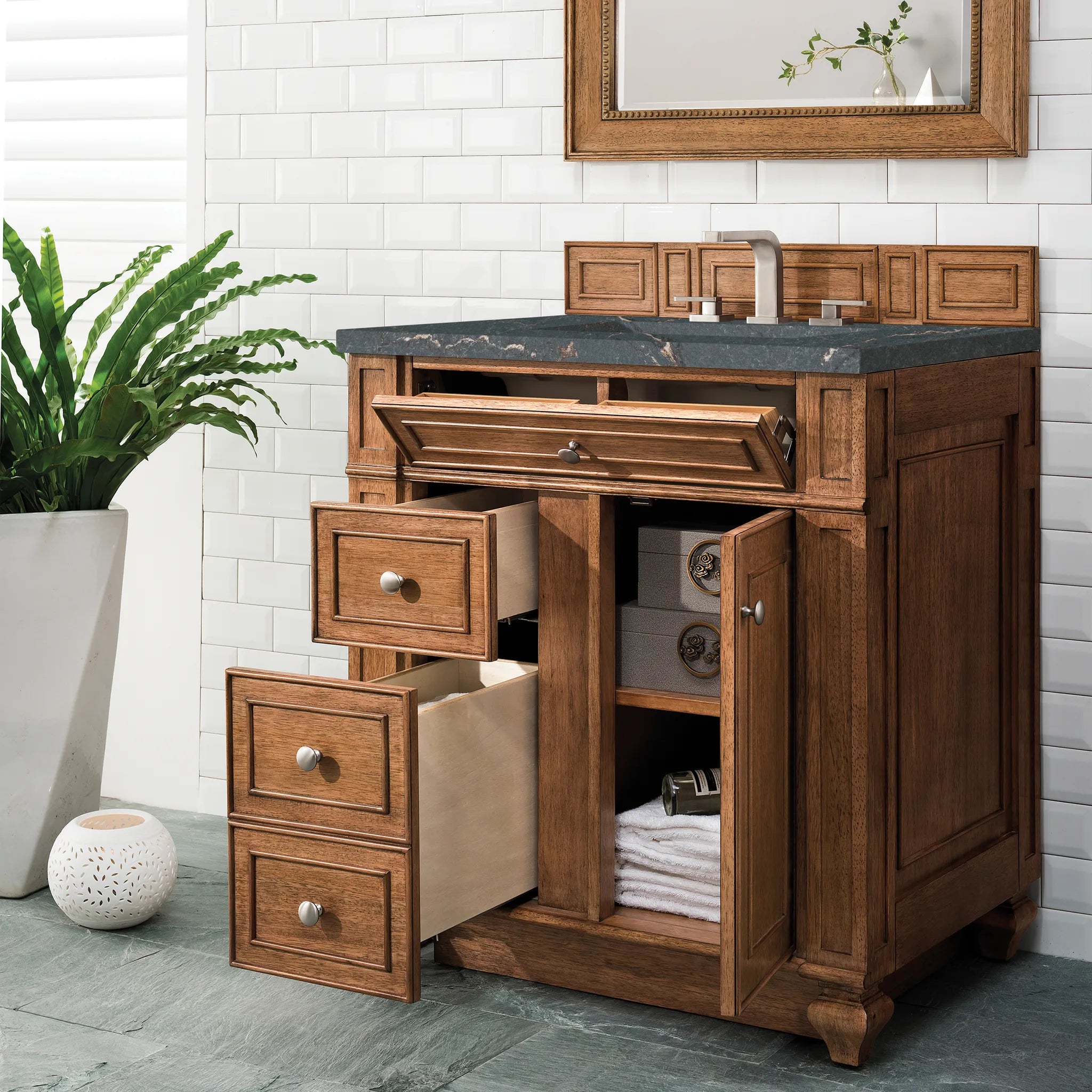 30" Bristol Single Vanity in Saddle Brown-Parisien Bleu Silestone-8" Widespread image 3