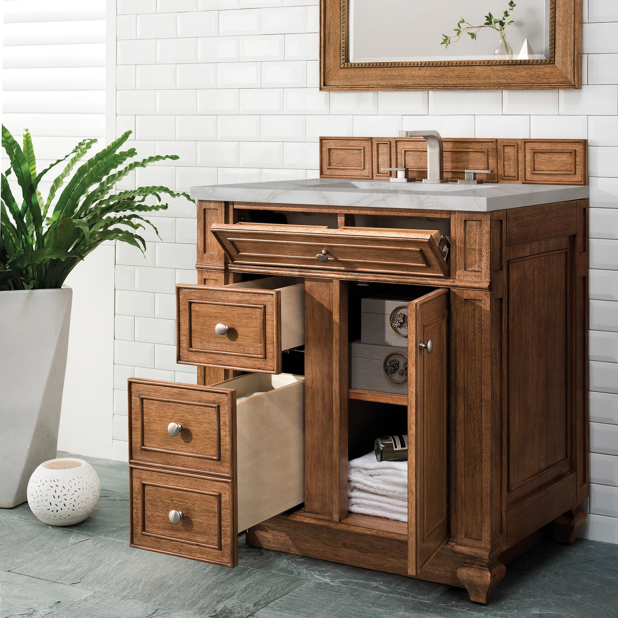 30" Bristol Single Vanity in Saddle Brown-Victorian Silver Silestone-8" Widespread image 3