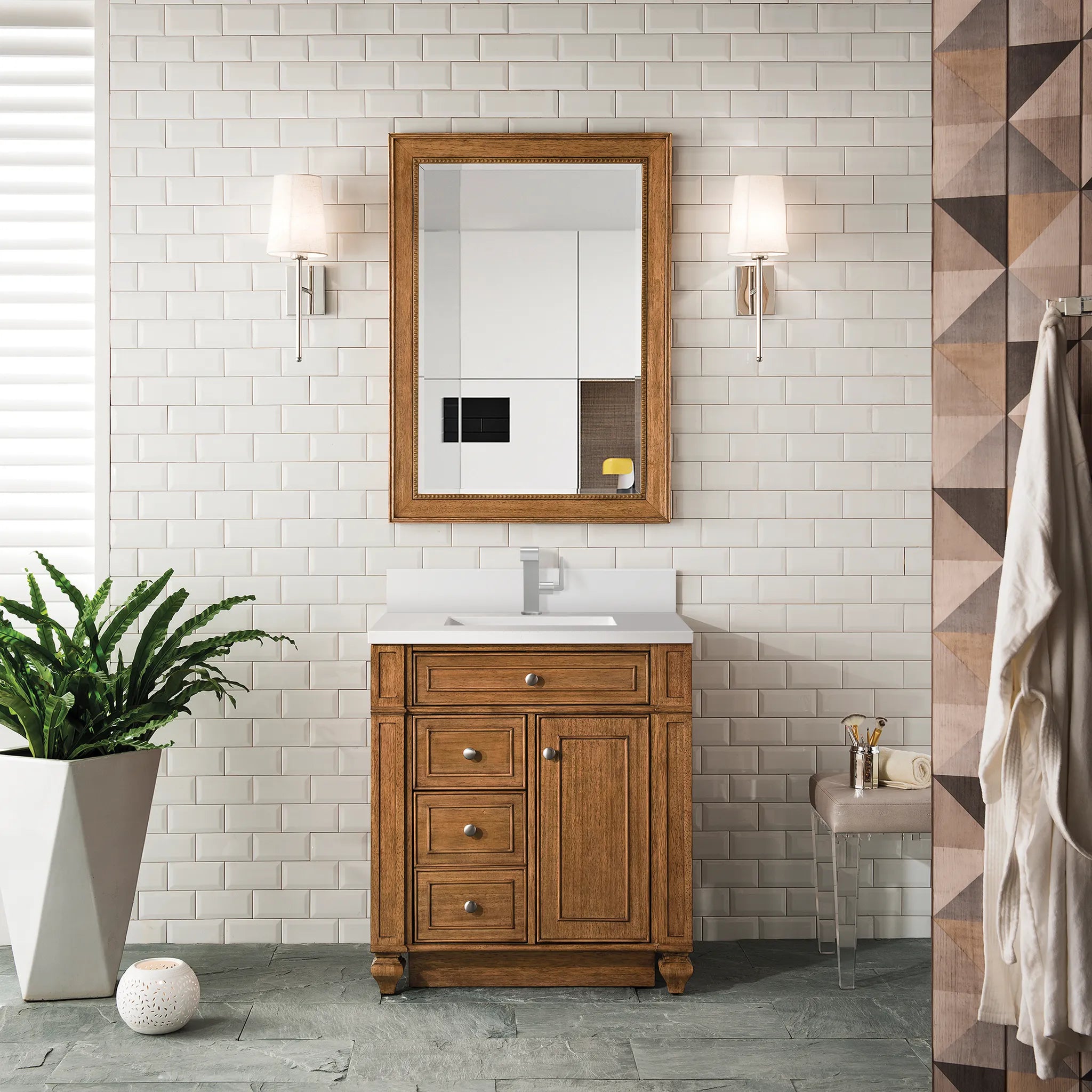 30" Bristol Single Vanity in Saddle Brown-White Zeus Silestone & Backsplash-Single Hole image 1