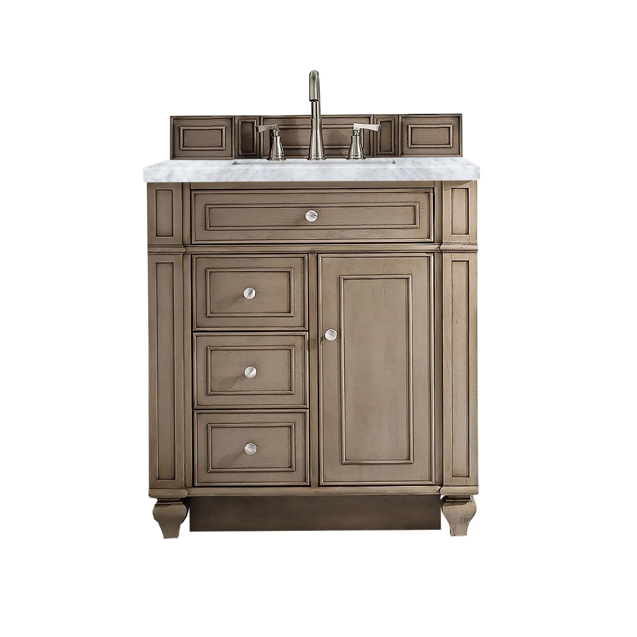 30" Bristol Single Vanity in Whitewashed Walnut-Carrara White Marble-8" Widespread image