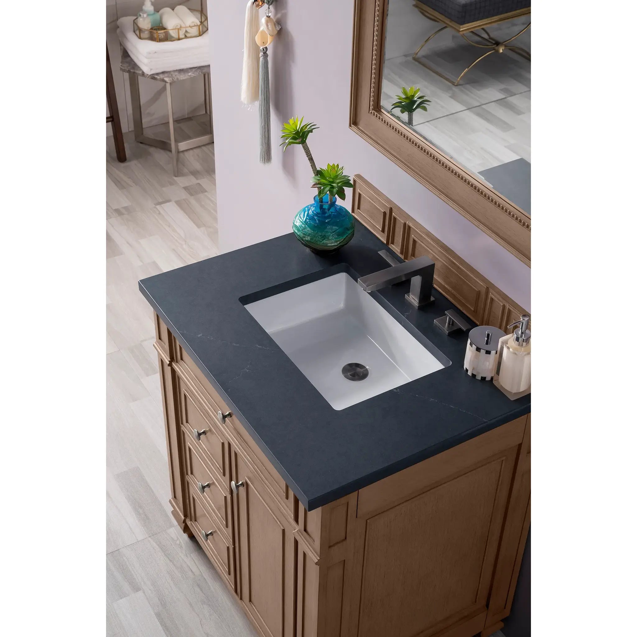 30" Bristol Single Vanity in Whitewashed Walnut-Charcoal Soapstone Silestone-8" Widespread image 2