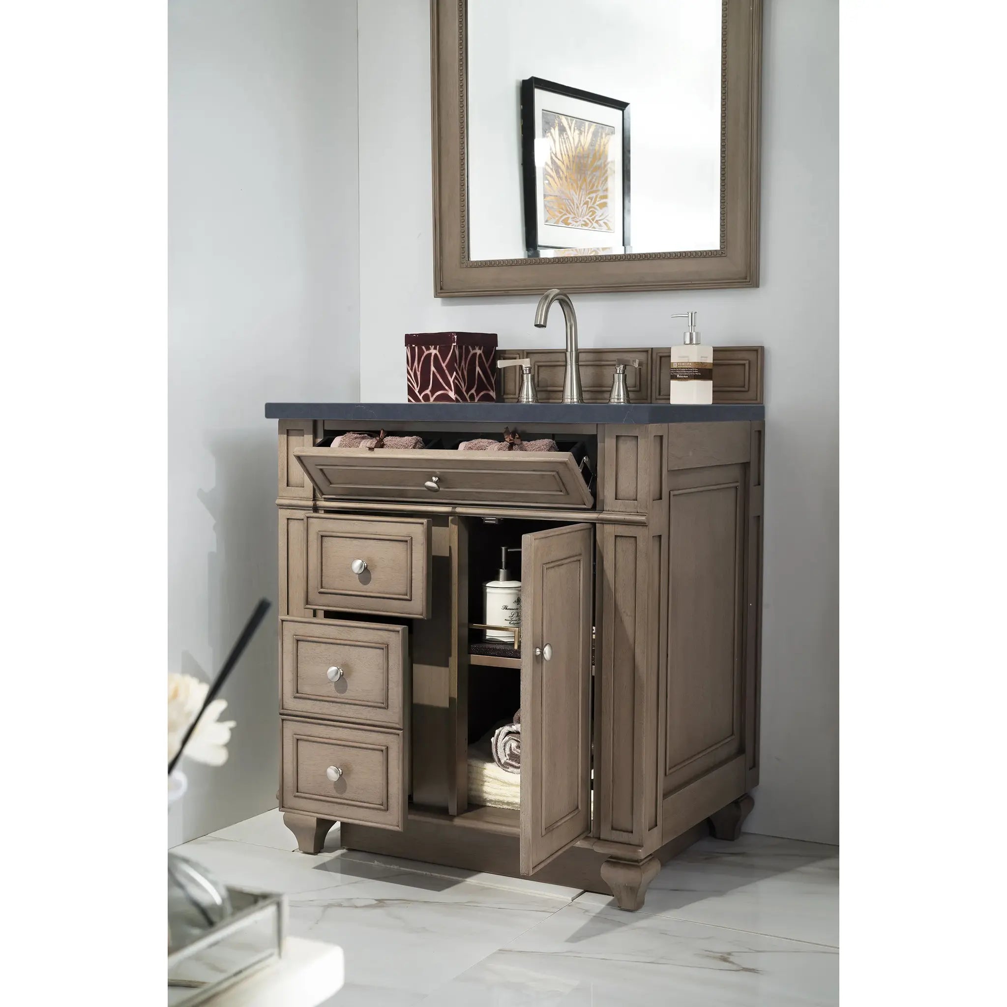30" Bristol Single Vanity in Whitewashed Walnut-Charcoal Soapstone Silestone-8" Widespread image 3