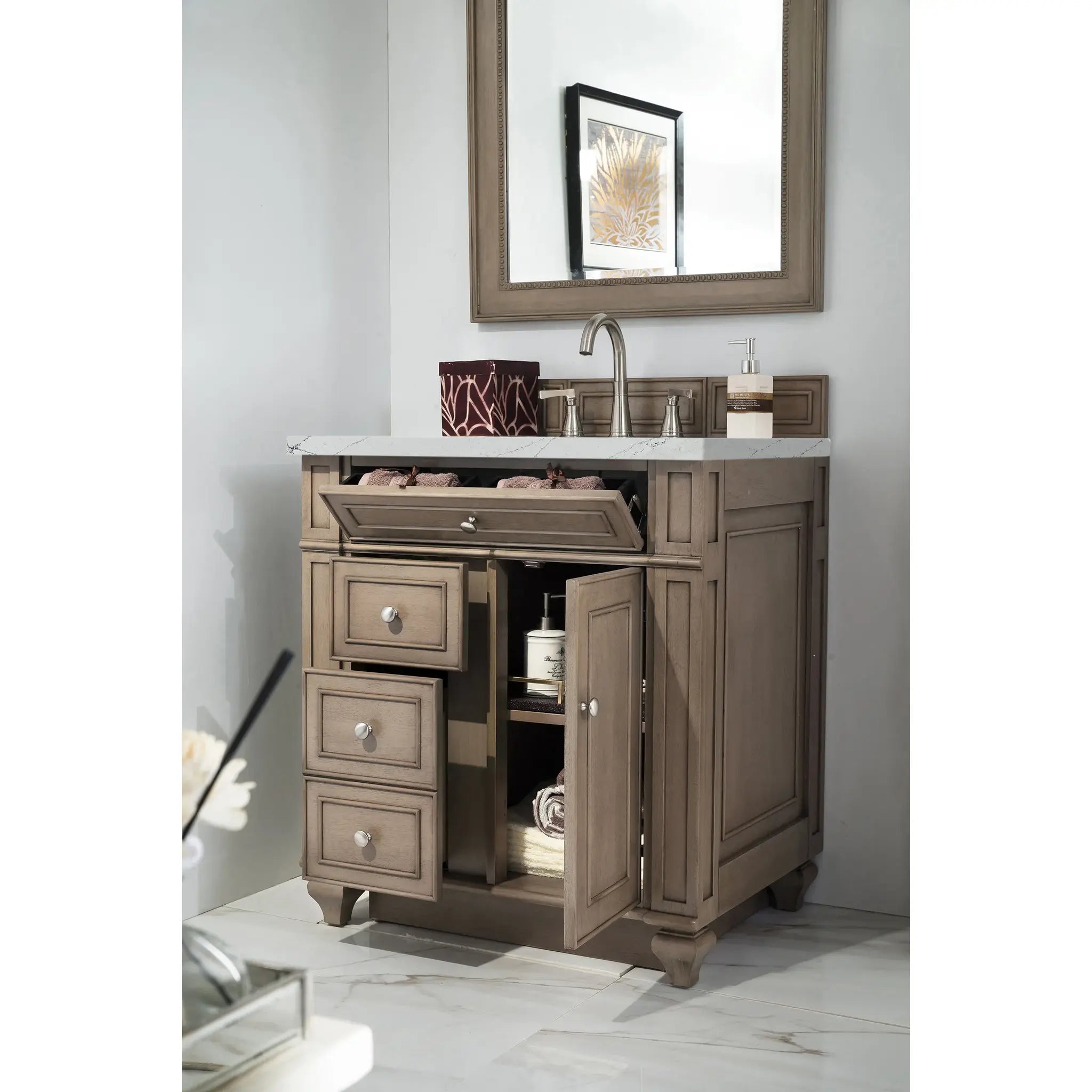 30" Bristol Single Vanity in Whitewashed Walnut-Ethereal Noctis Silestone-8" Widespread image 3