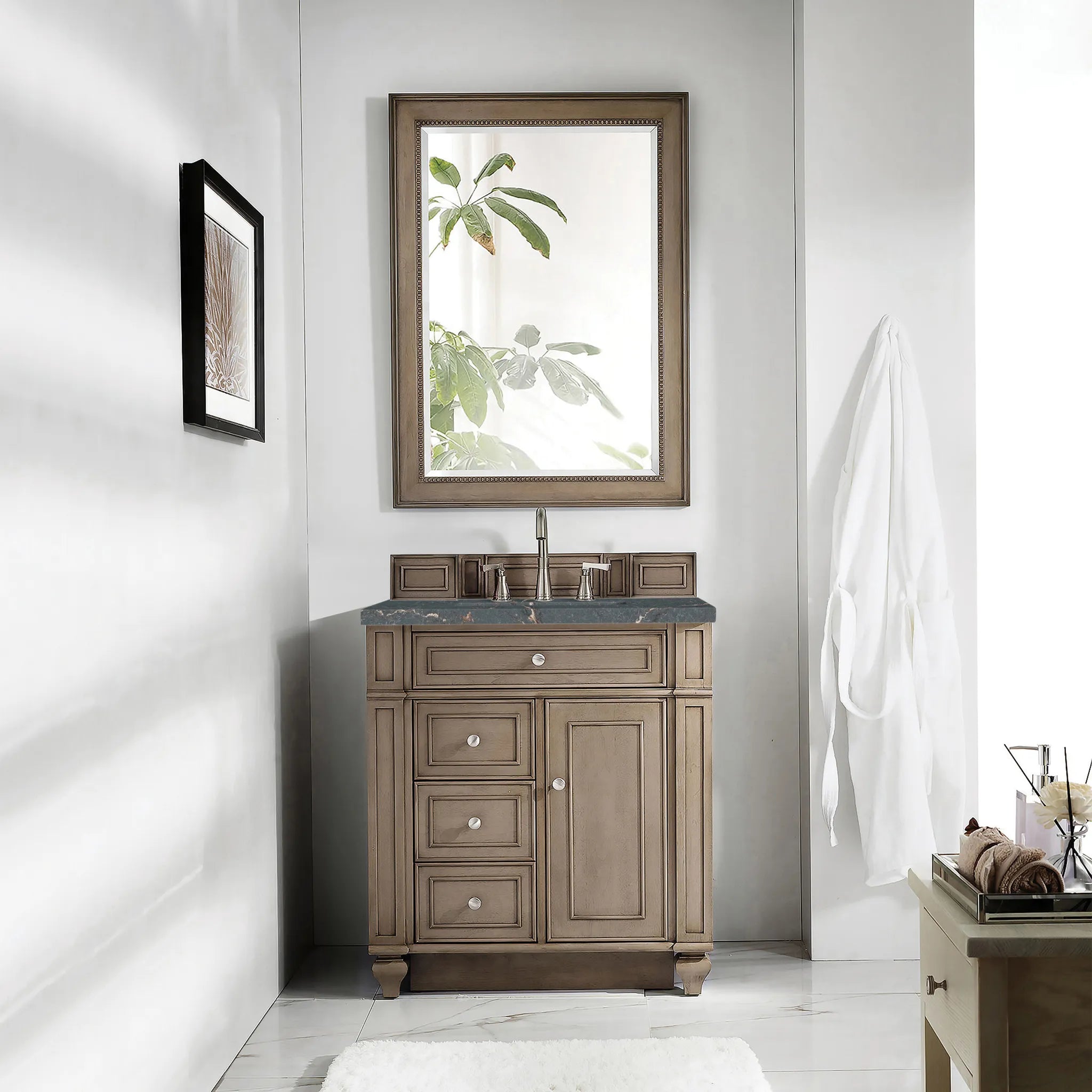 30" Bristol Single Vanity in Whitewashed Walnut-Parisien Bleu Silestone-8" Widespread image 1