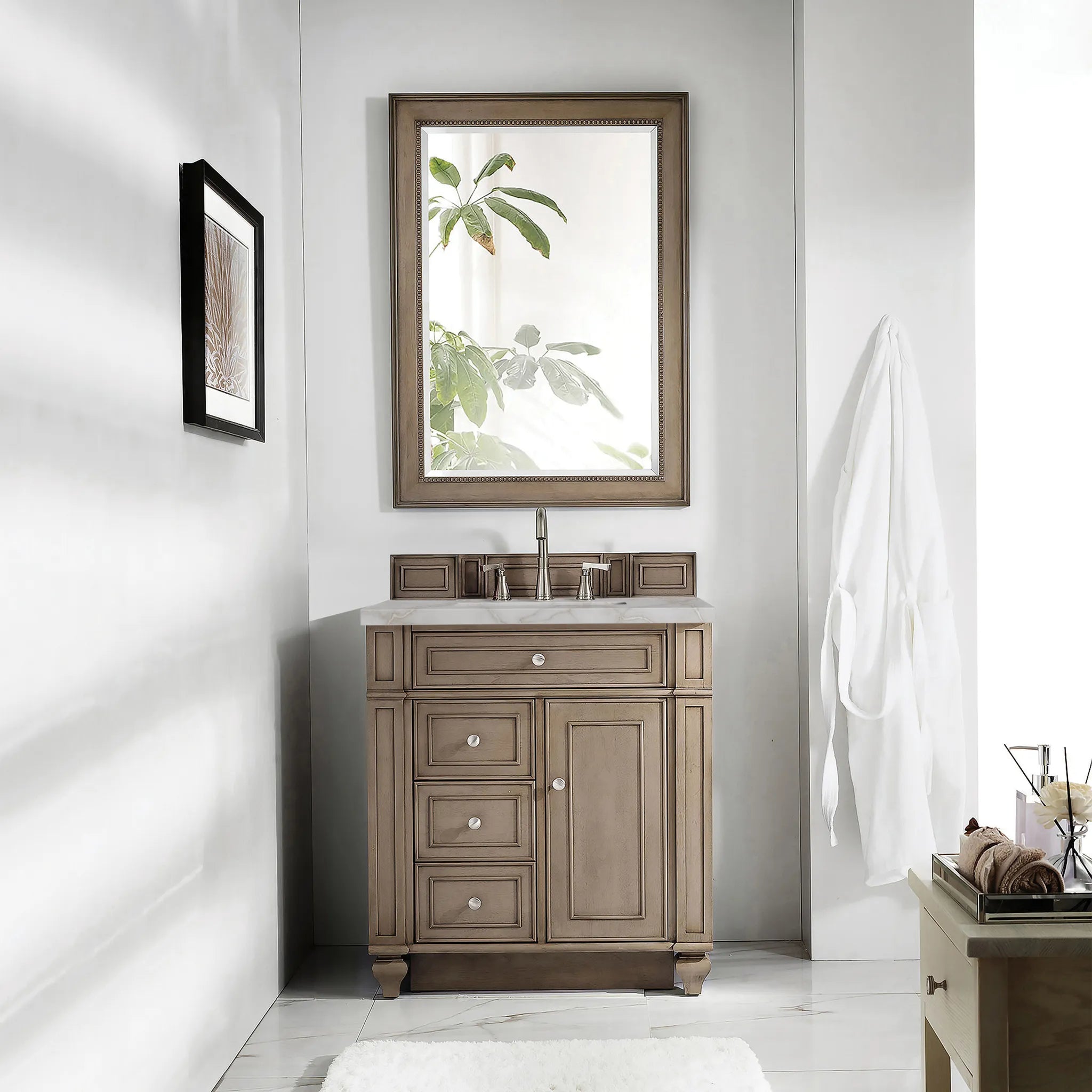 30" Bristol Single Vanity in Whitewashed Walnut-Victorian Silver Silestone-8" Widespread image 1