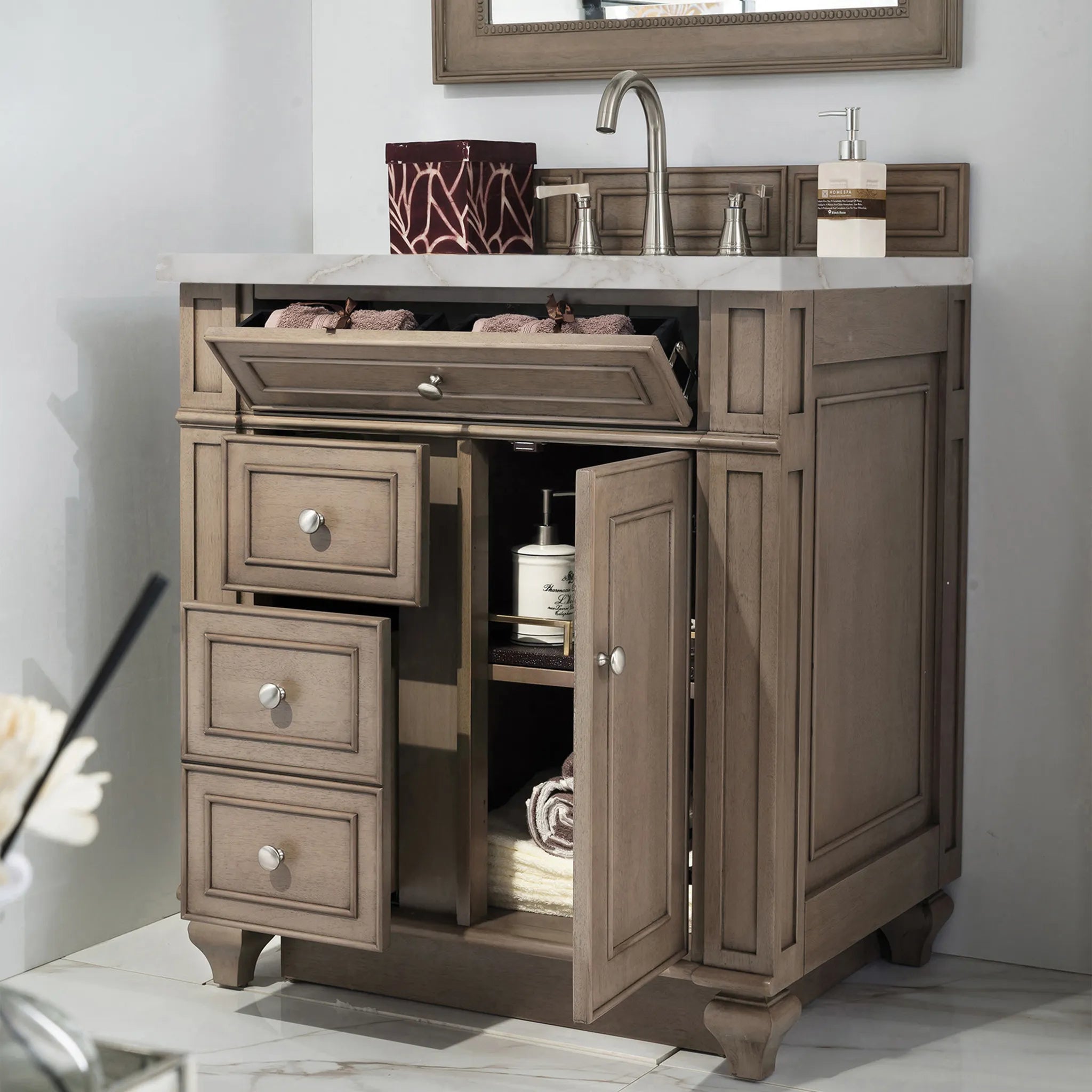 30" Bristol Single Vanity in Whitewashed Walnut-Victorian Silver Silestone-8" Widespread image 2