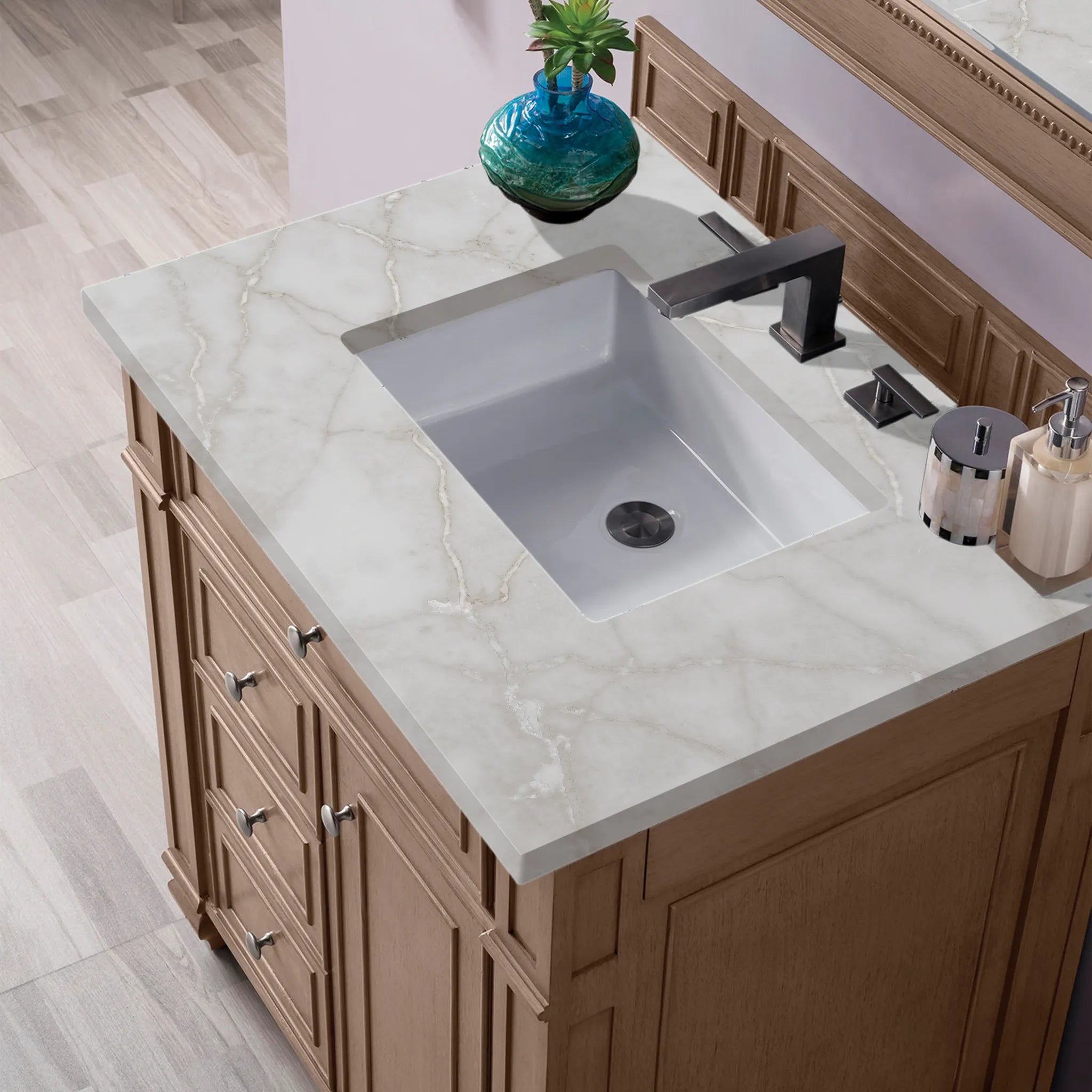 30" Bristol Single Vanity in Whitewashed Walnut-Victorian Silver Silestone-8" Widespread image 3