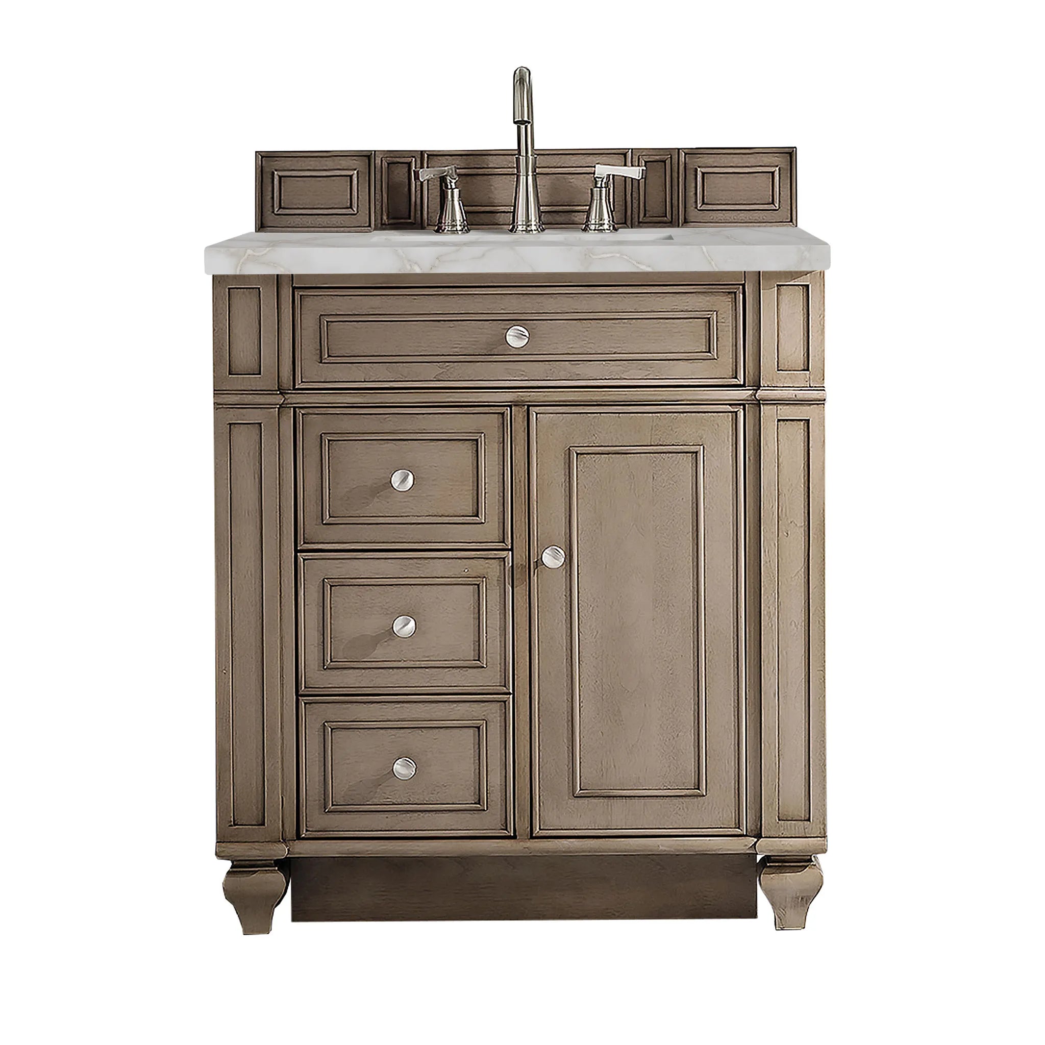 30" Bristol Single Vanity in Whitewashed Walnut-Victorian Silver Silestone-8" Widespread image