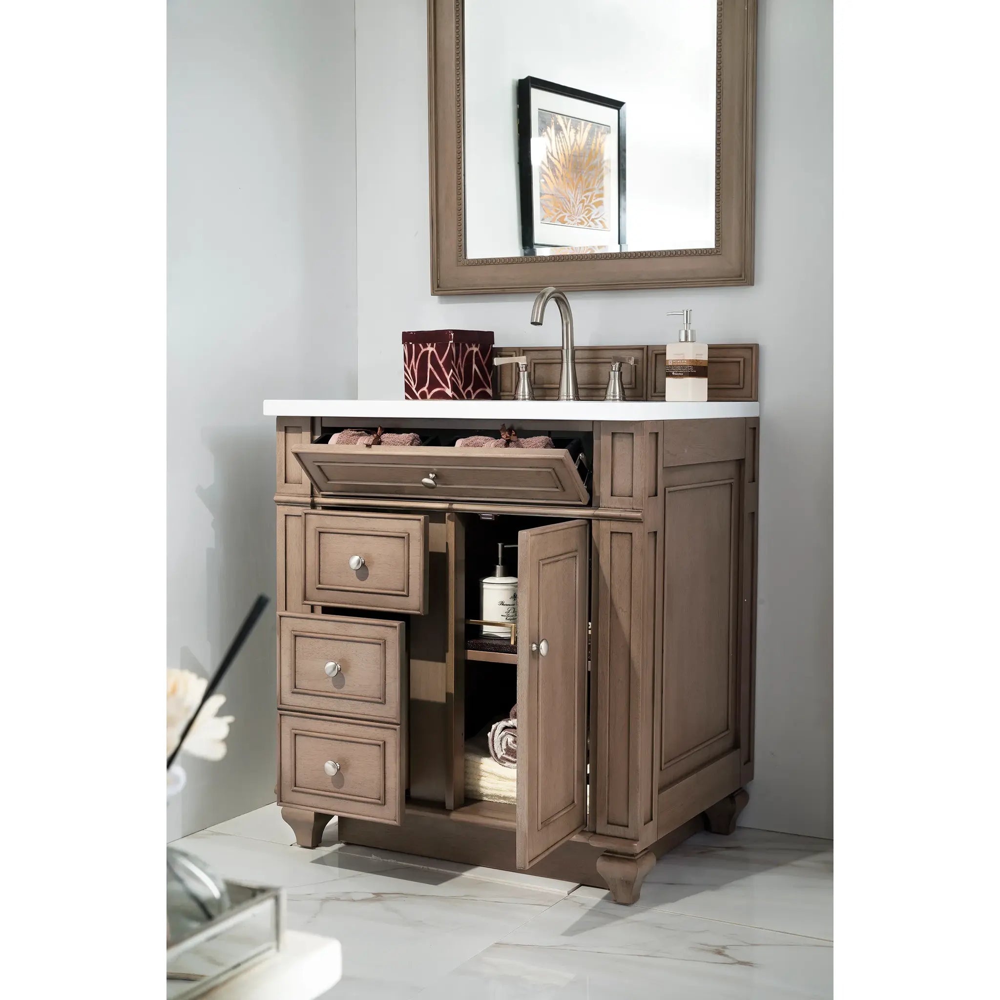 30" Bristol Single Vanity in Whitewashed Walnut-White Zeus Silestone-8" Widespread image 3