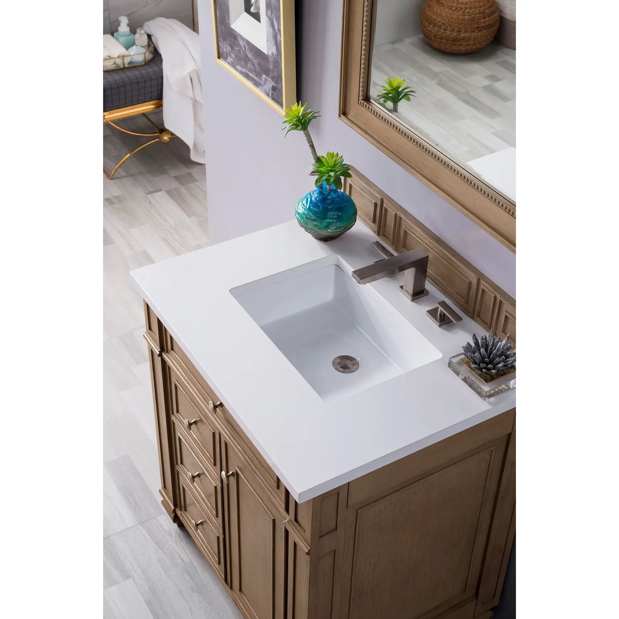 30" Bristol Single Vanity in Whitewashed Walnut-White Zeus Silestone-8" Widespread image 4