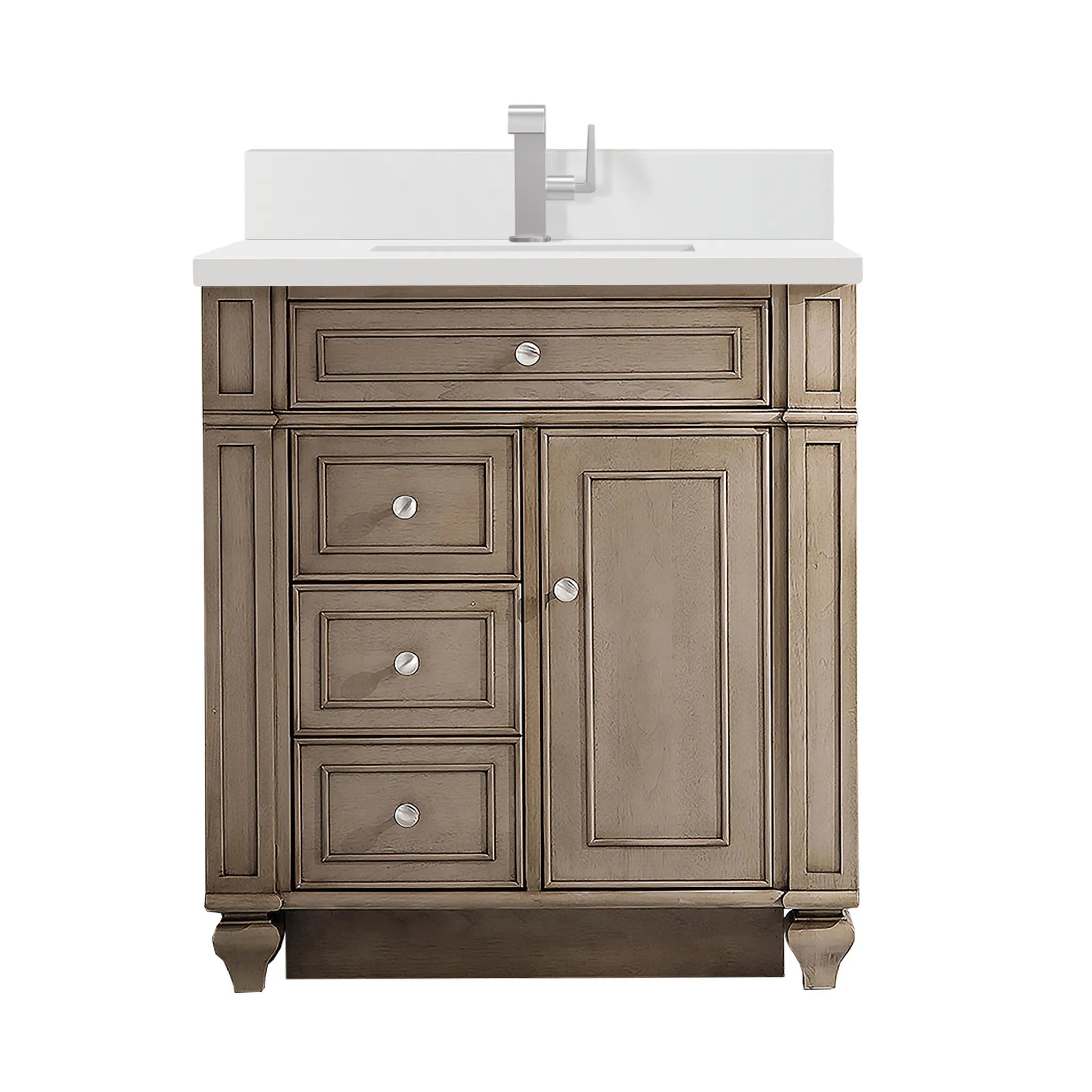 30" Bristol Single Vanity in Whitewashed Walnut-White Zeus Silestone & Backsplash-Single Hole image