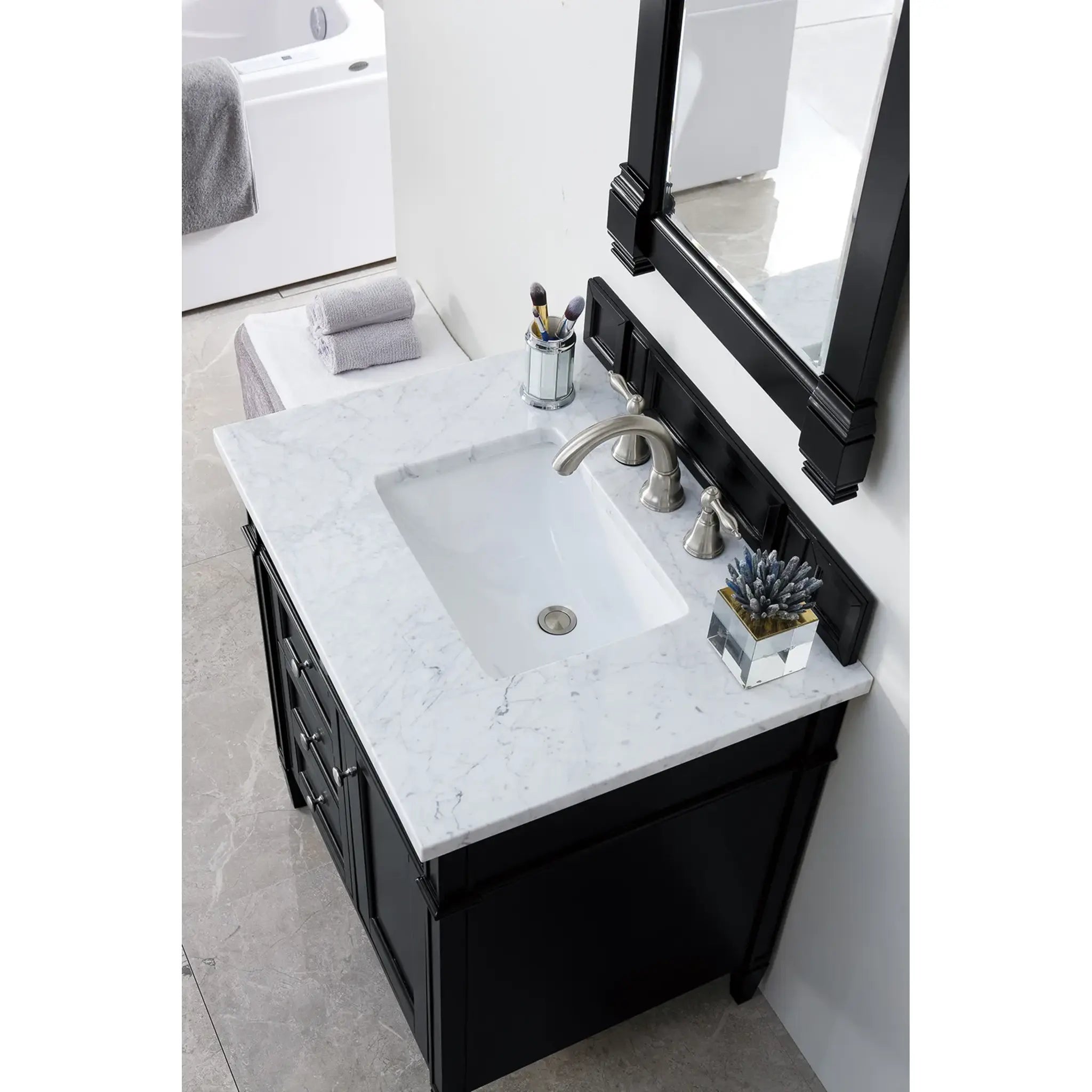30" Brittany Single Vanity in Black Onyx-Carrara White Marble-8" Widespread image 6