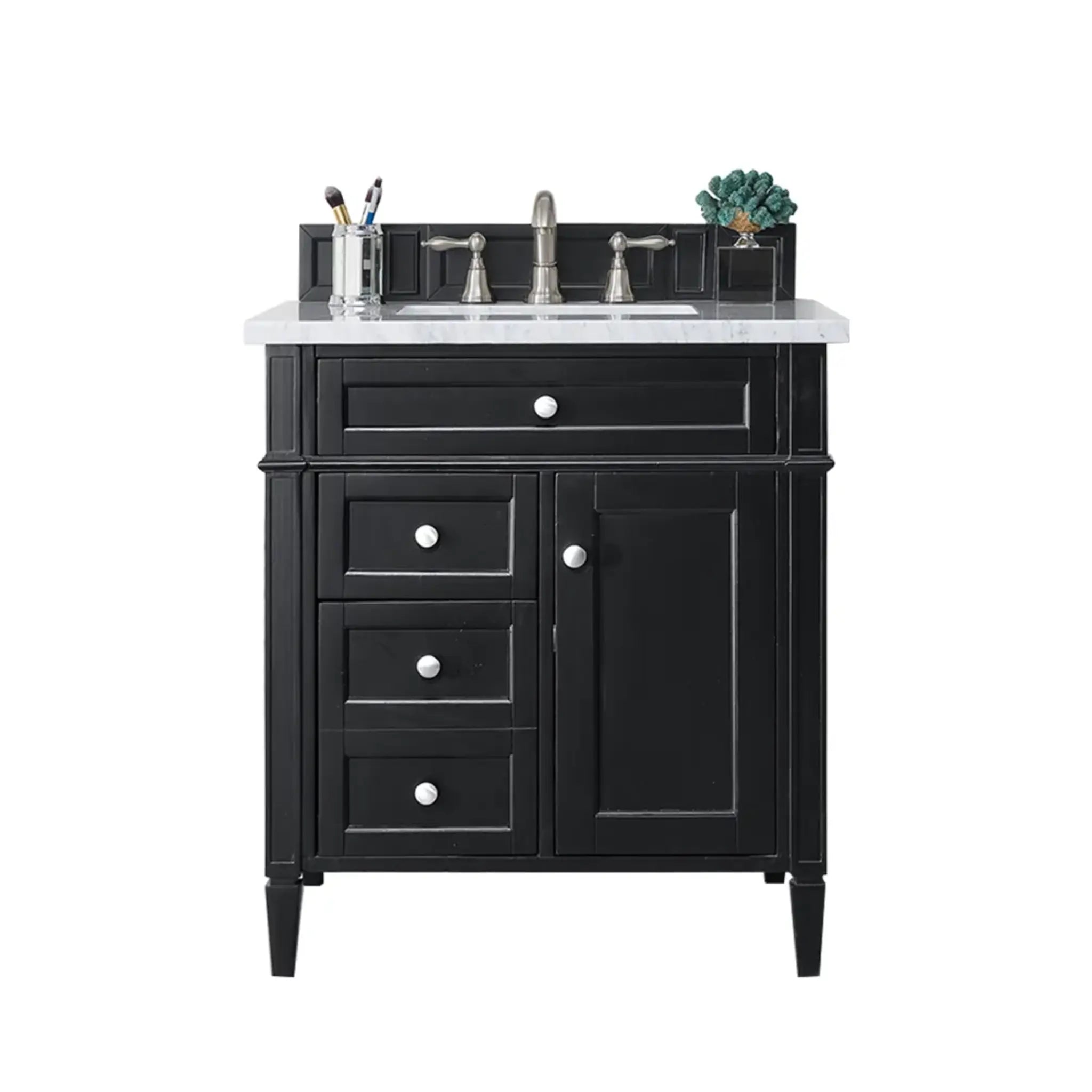 30" Brittany Single Vanity in Black Onyx-Carrara White Marble-8" Widespread image