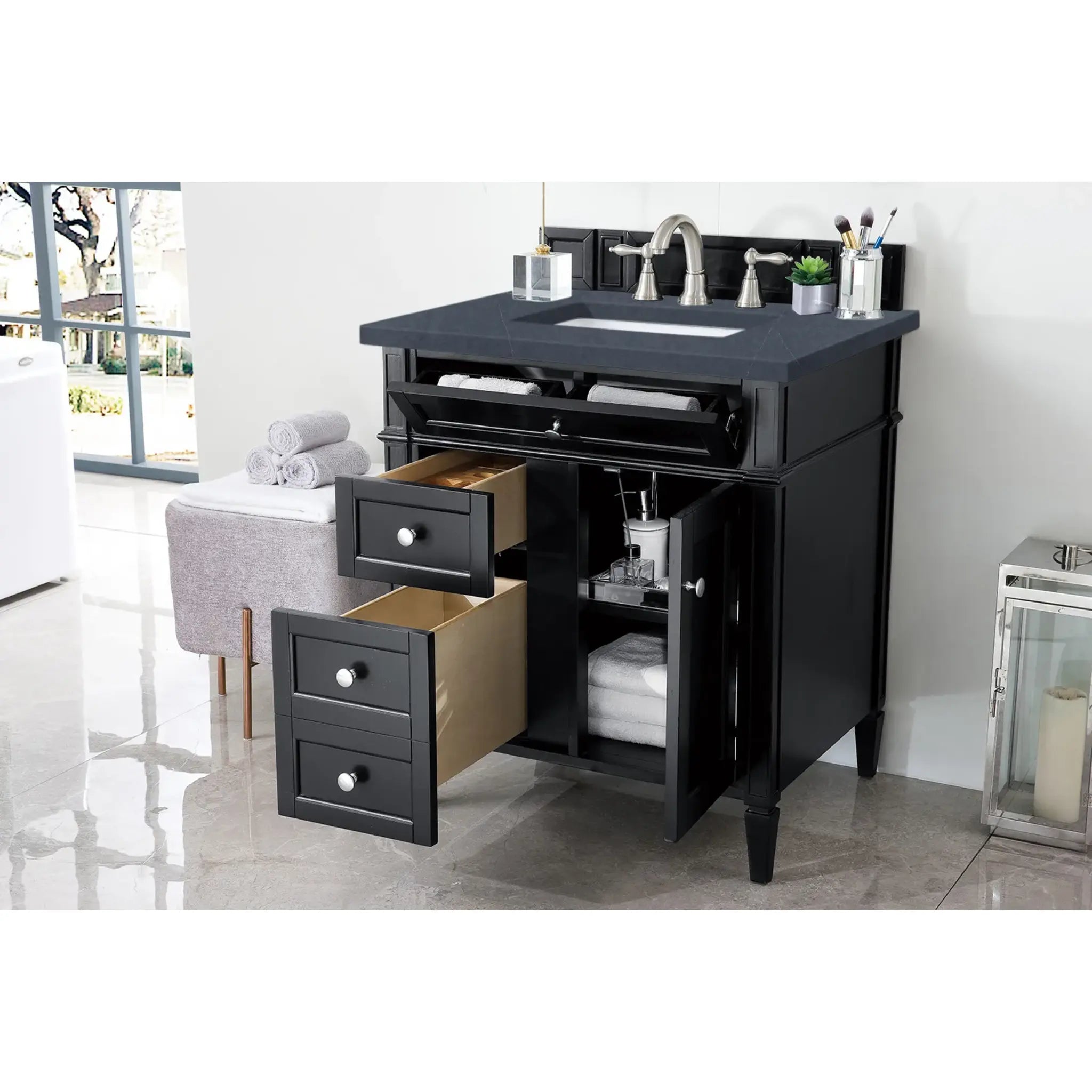 30" Brittany Single Vanity in Black Onyx-Charcoal Soapstone Silestone-8" Widespread image 3