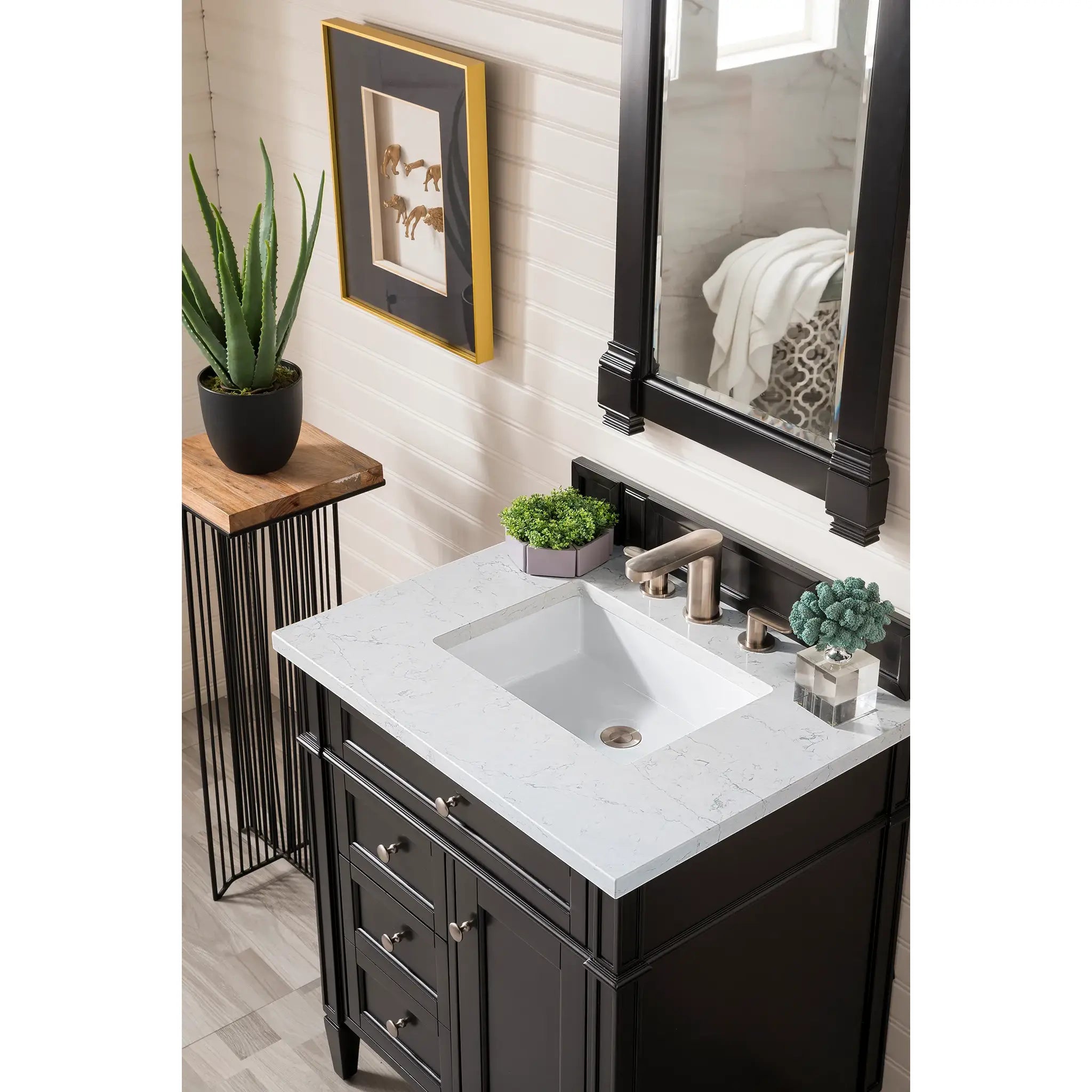 30" Brittany Single Vanity in Black Onyx-Eternal Jasmine Pearl Silestone-8" Widespread image 2