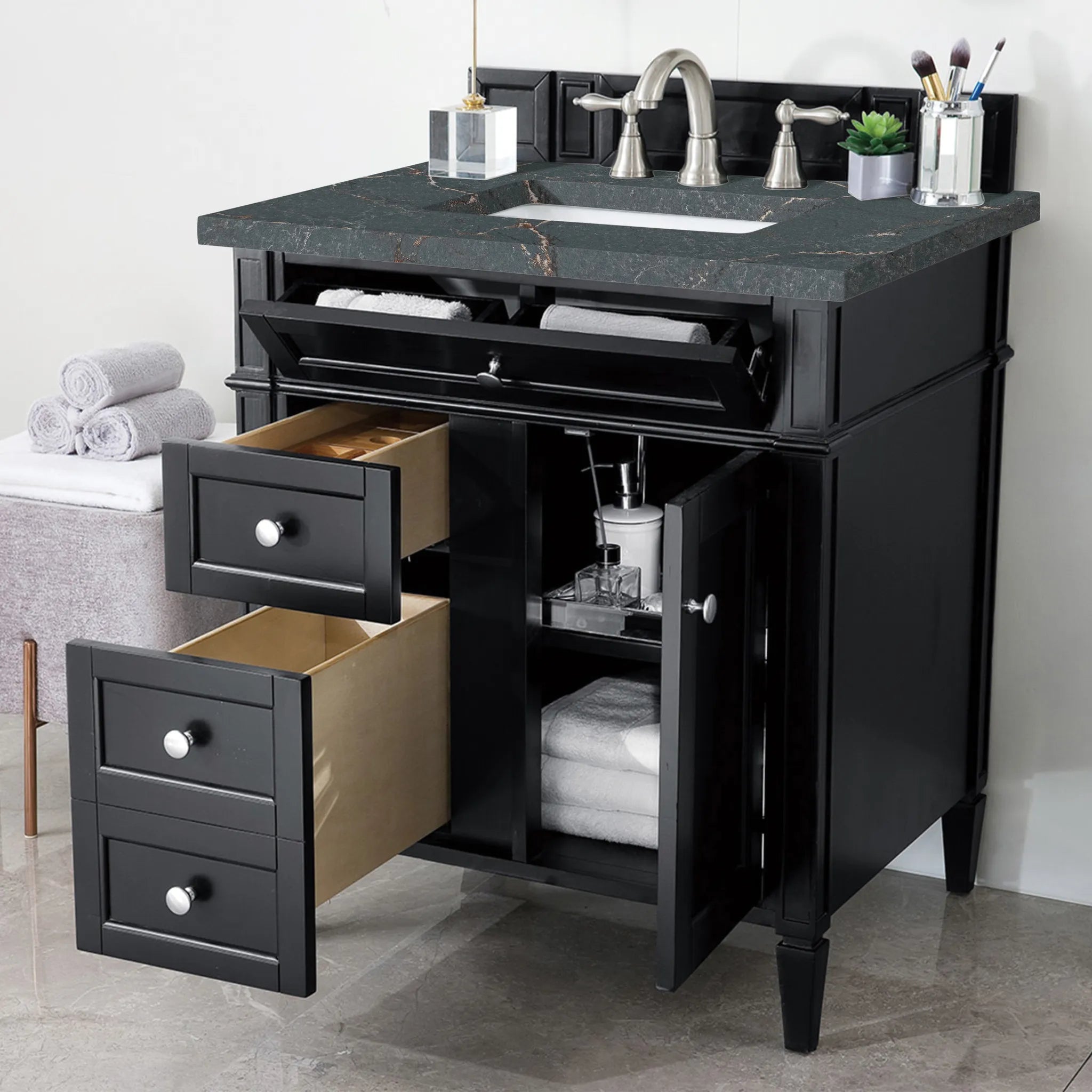 30" Brittany Single Vanity in Black Onyx-Parisien Bleu Silestone-8" Widespread image 3