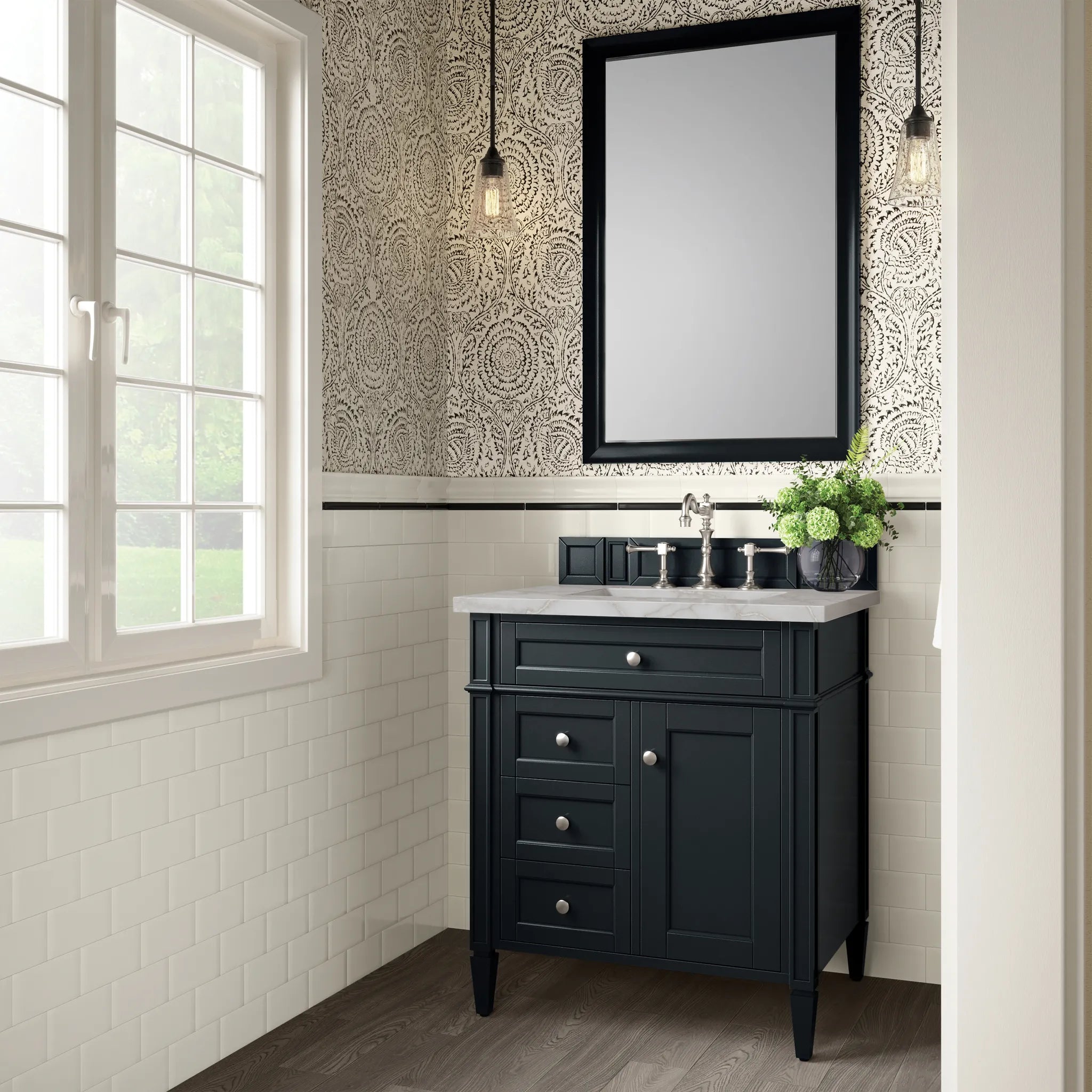 30" Brittany Single Vanity in Black Onyx-Victorian Silver Silestone-8" Widespread image 2