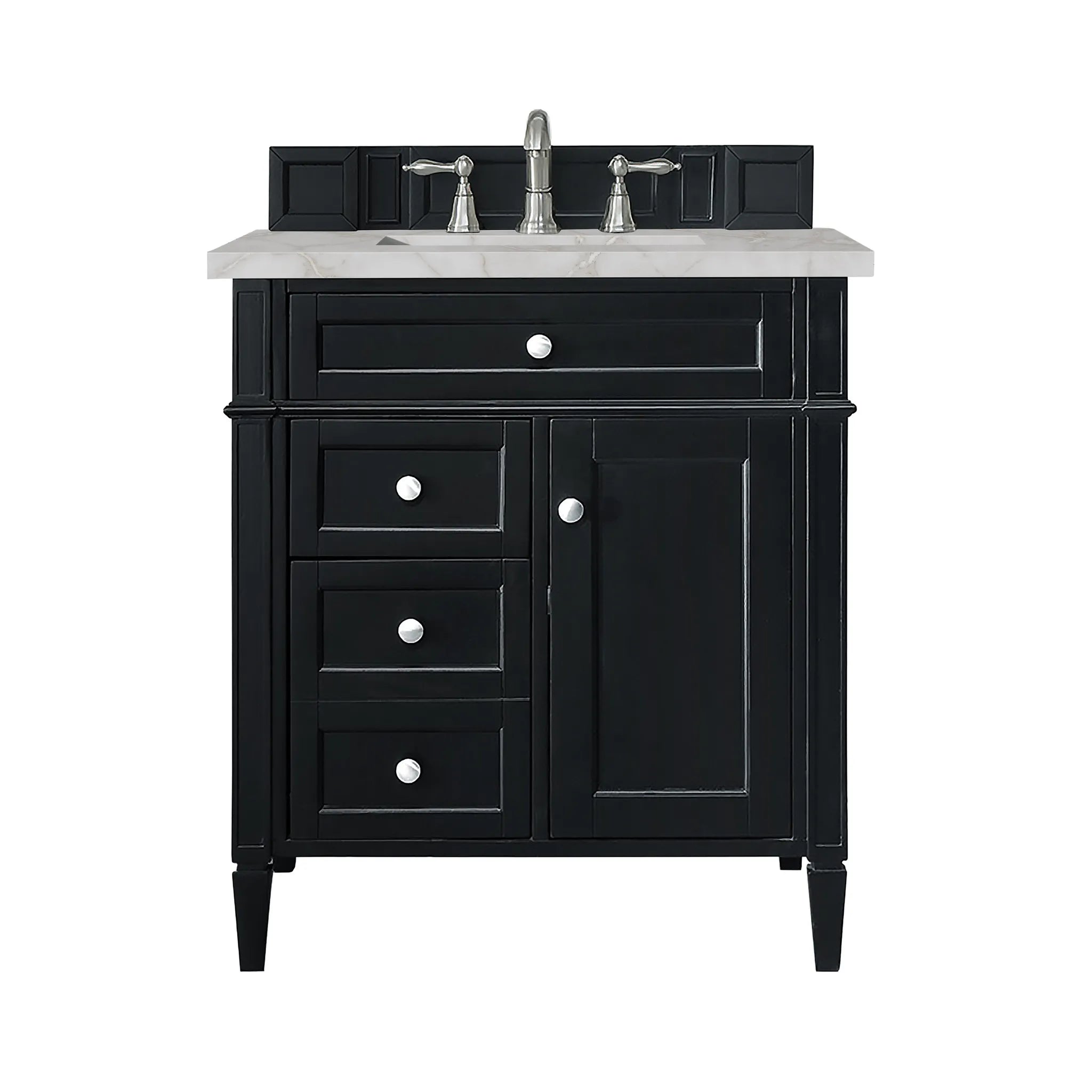 30" Brittany Single Vanity in Black Onyx-Victorian Silver Silestone-8" Widespread image
